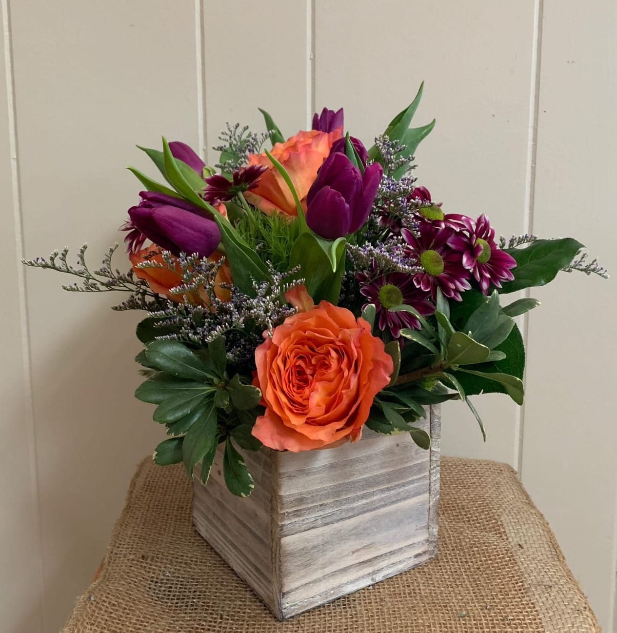 Box of LOVE - Mixed bouquet of blooms in the shade of love.  Petite bouquet in 5&quot;x5&quot; rustic white or natural wood box.