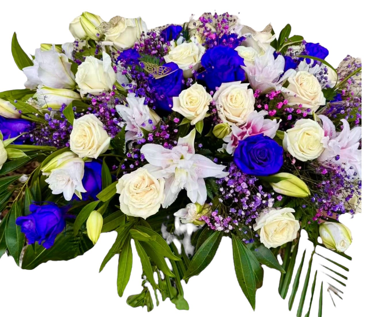 White N Purple Rose With Purple Lilies Half Casket Cover - White And Purple Rose With Purple Lilies Half Casket Cover  Same Day delivery Bay Area Ca  If you have a schedule time can let me know  Message me 707-914-8106