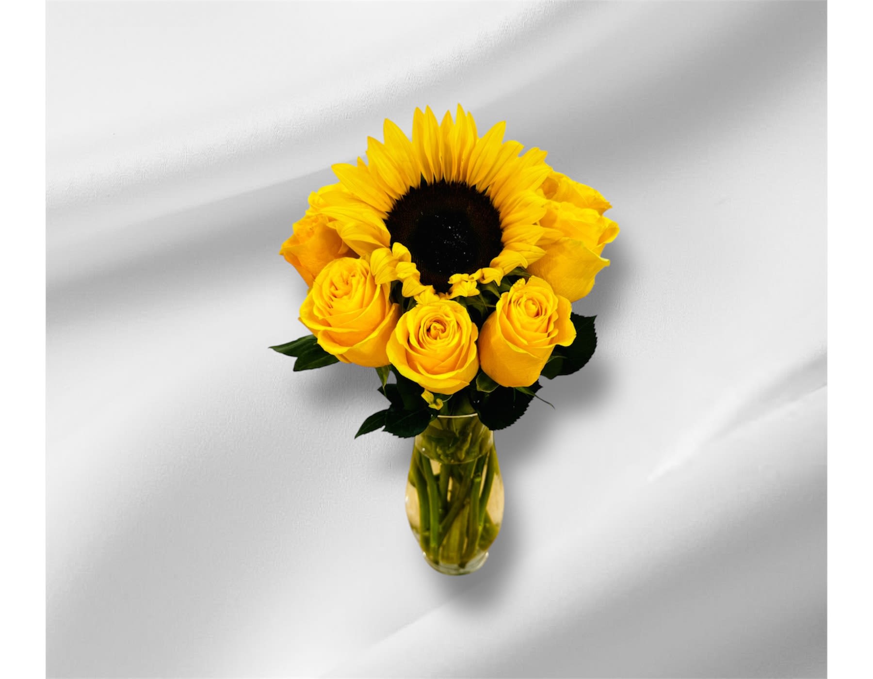 Unique Yellow  - For all those that loves the yellow!! Here is this stunning sunflower with 12 premium yellow roses in a glass vase!