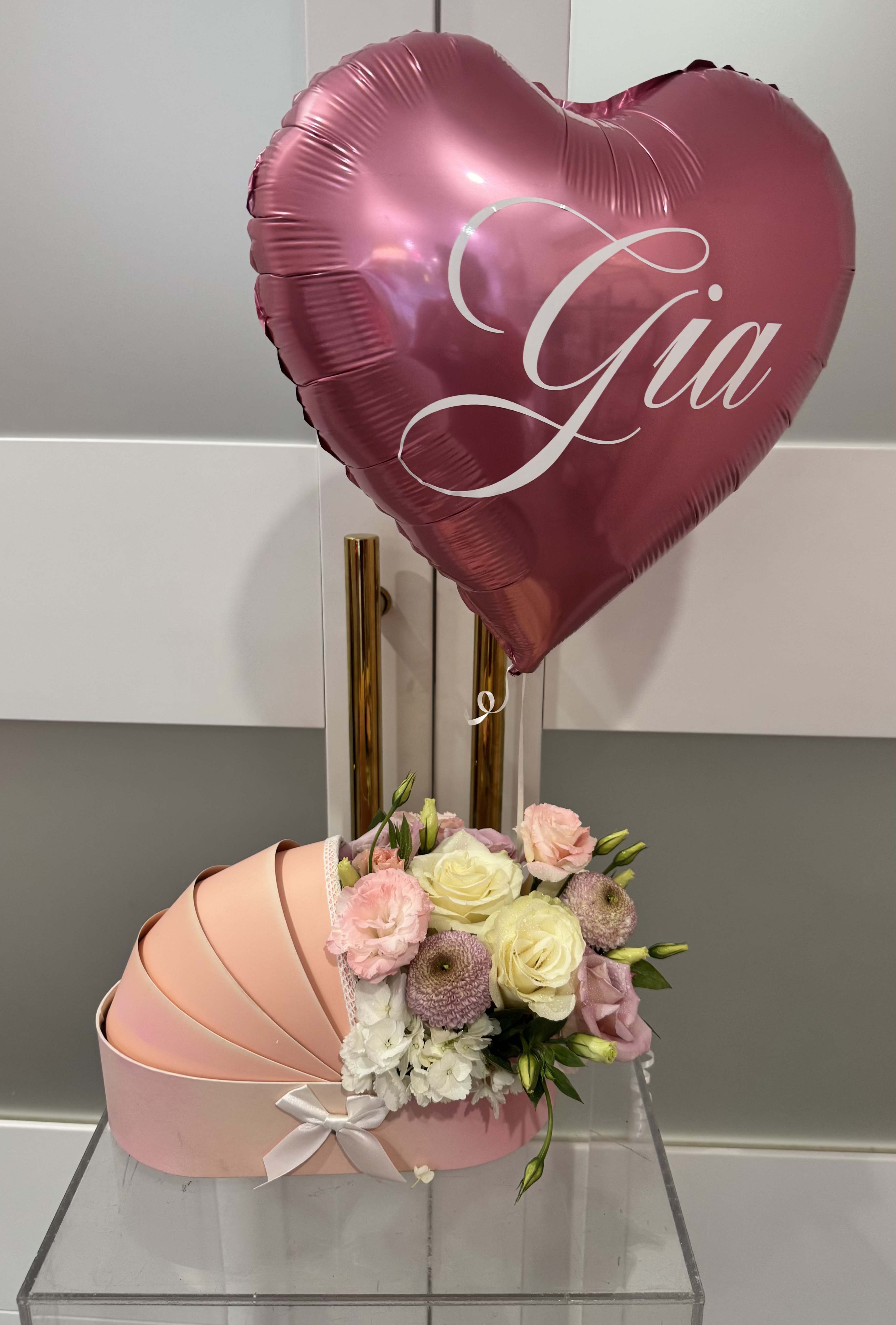 Floral Carriage + Balloon - Premium floral designed in our signature carriage box with a personalized balloon with baby name.  Please provide name for balloon during checkout. (Designer's note)