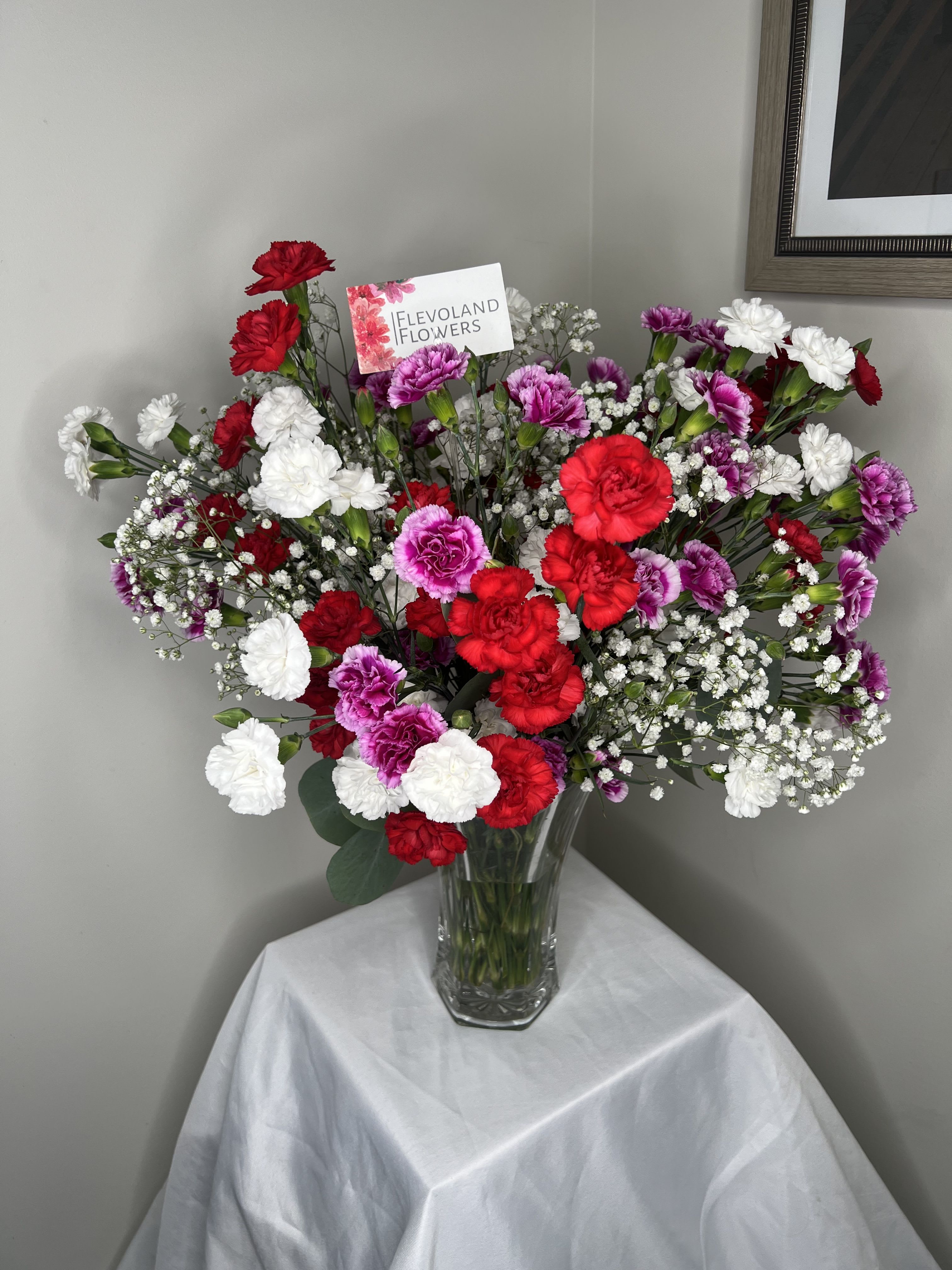 Mixed Carnations in a Vase - A vibrant arrangement of mixed carnations paired with the delicate beauty of Gypsophila, beautifully displayed in a vase. A perfect combination for adding charm and elegance to any space.