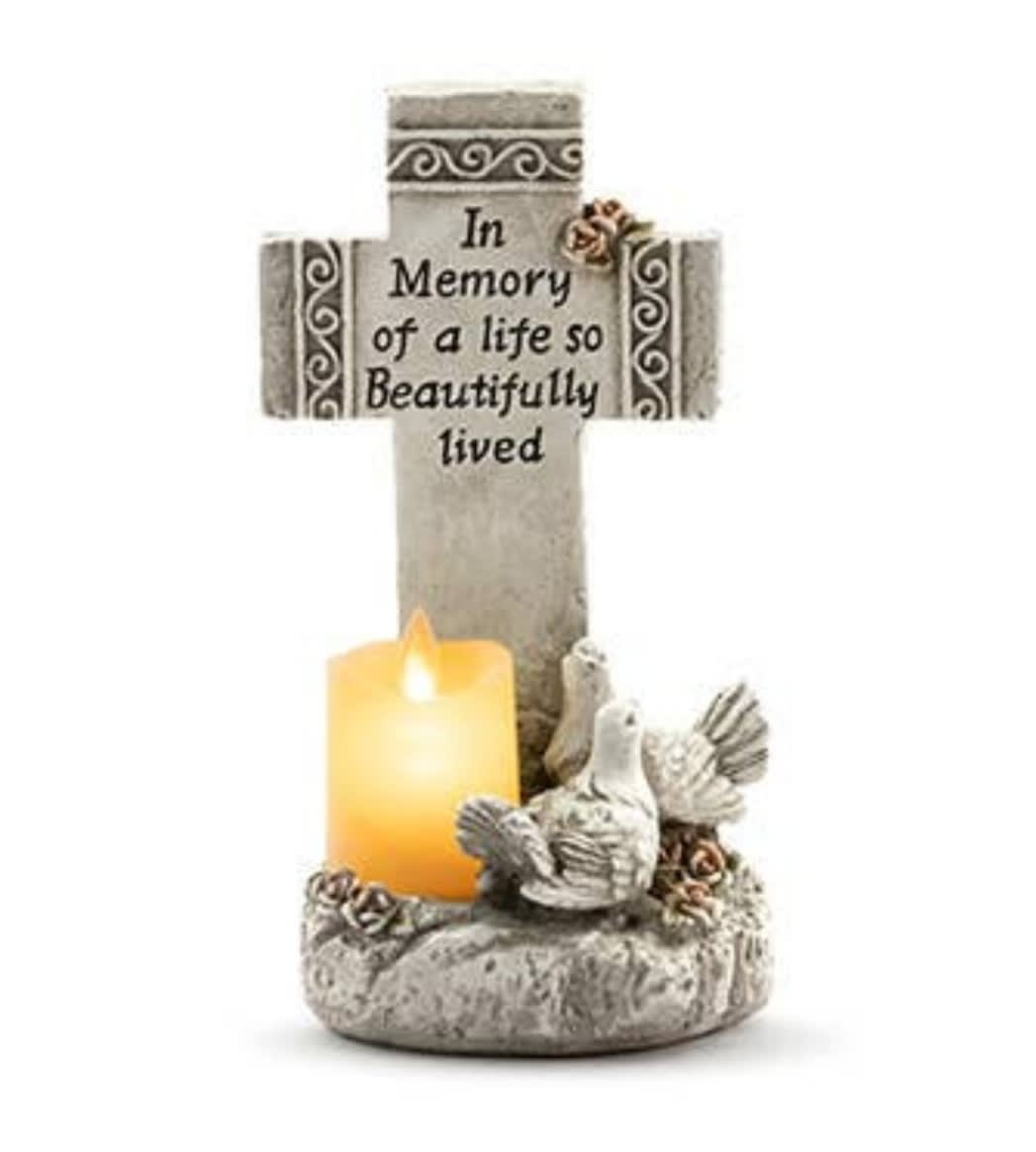 Eternal Memory Cross - This beautiful resin cross is a thoughtful gift for the grieving. It comes with a flameless candle with a real flickering effect.   It may be sent on it's own, or as the centerpiece of a fresh floral arrangement to a home or a funeral service. 