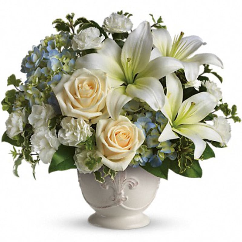 Beautiful Dreams [T209-1A] - Soothing and respectful. Calm and compassionate. This beautiful collection of white and light colored blossoms will deliver your loving thoughts perfectly.  Tasteful flowers such as light blue hydrangea, crème roses, white asiatic lilies, miniature carnations and more are delivered in a lovely white French Country Pot.  Approximately 13&quot; W x 12&quot; H  Orientation: One-Sided  As Shown : T209-1A Deluxe : T209-1B Premium : T209-1C