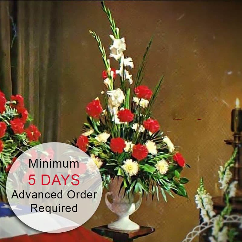 Watanabe Crimson Farewell - A crimson farewell to a life well lived. This arrangement of red and white carnations offers a fond goodbye to an irreplaceable soul, celebrating a life well lived. Starting from 30&quot; high, this arrangement provides a beautiful and heartfelt tribute. Please note that a minimum of 5 days' advance notice is required to ensure the flowers can be properly staged for quality results.  Key Features:  Stunning Dimensions: Starting from 30&quot; high, creating an impressive and elegant display.  High-Quality Arrangement: Expertly crafted with fresh red and white carnations to ensure lasting beauty and impact.  Elegant Presentation: Perfect for memorials, celebrations of life, or any event where a beautiful and meaningful tribute is desired.  Meaningful Tribute: Designed to honor and celebrate the life of a loved one with grace and dignity.  Advanced Notice Required: A minimum of 5 days' notice is needed to ensure the flowers can be staged for the best quality results.  Celebrate and honor the memory of a loved one with our Crimson Farewell Floral Arrangement, a beautiful and meaningful tribute that reflects love, remembrance, and an everlasting legacy.
