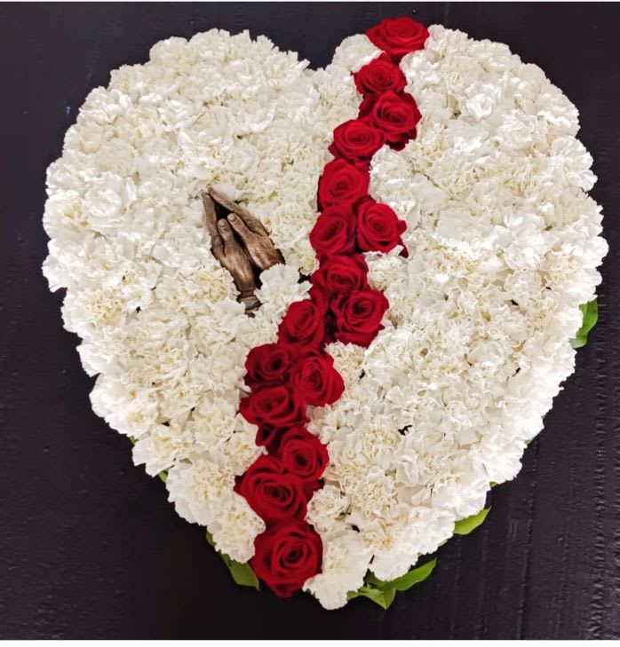 Broken Heart Broken Heart - 24" solid heart with carnations, roses and praying hands