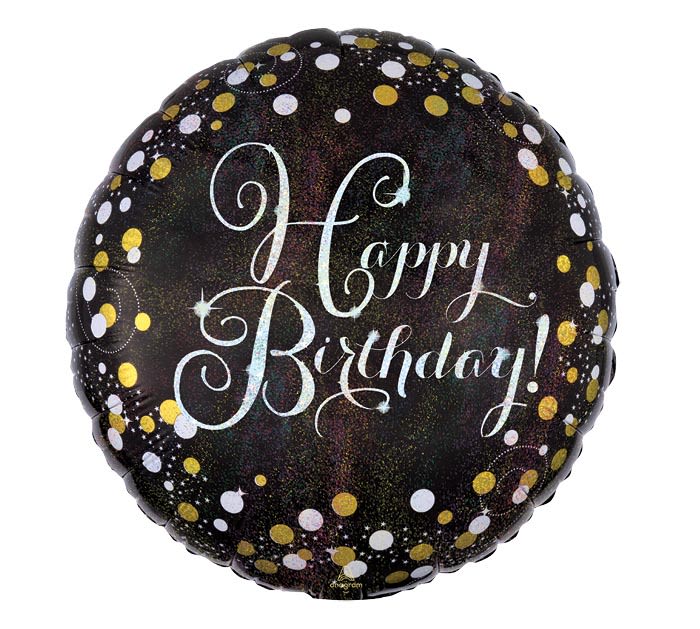 Happy Birthday Black & Gold Mylar Happy Birthday Black & Gold Mylar - Select this elegant and unique 18" mylar balloon labeled with Happy Birthday. This fun balloon is black with holographic overlay with white and gold dots.