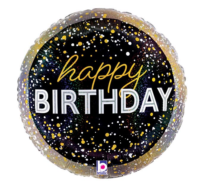 Happy birthday Glitter Holographic Mylar Happy birthday Glitter Holographic Mylar - Celebrate in style with this 18" mylar balloon! Featuring a sleek black background with white and gold splatter dots, it adds a touch of elegance to any occasion. The reverse side says "Let’s Party" for an extra festive touch!
