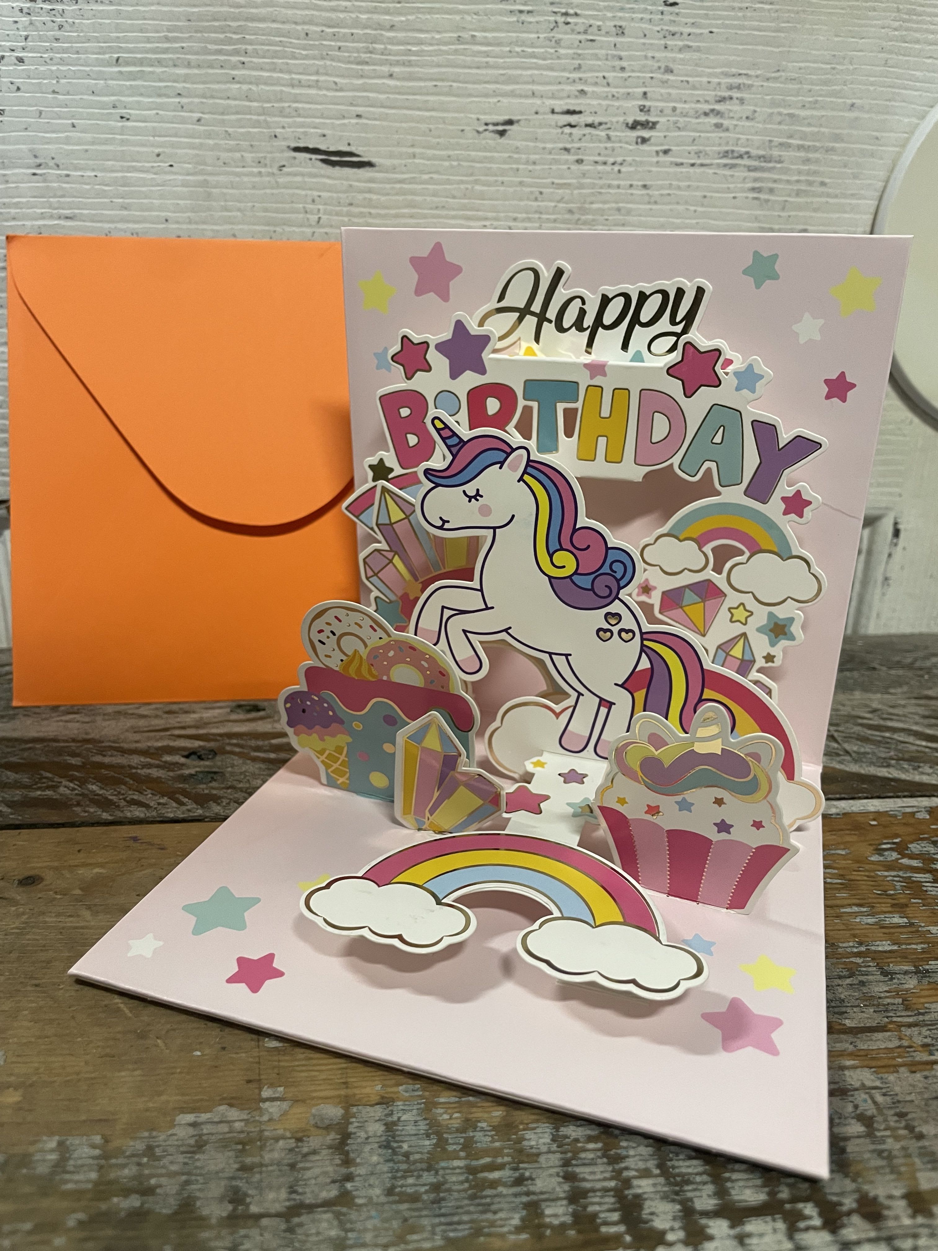 Unicorn Birthday card - For kids AND adults! You know we all have that kid in us too.  Add to your order a fun colorful pop-up birthday card!   Note: your message will be written on card. if you would like to keep card blank, please let us know in the special comments :)