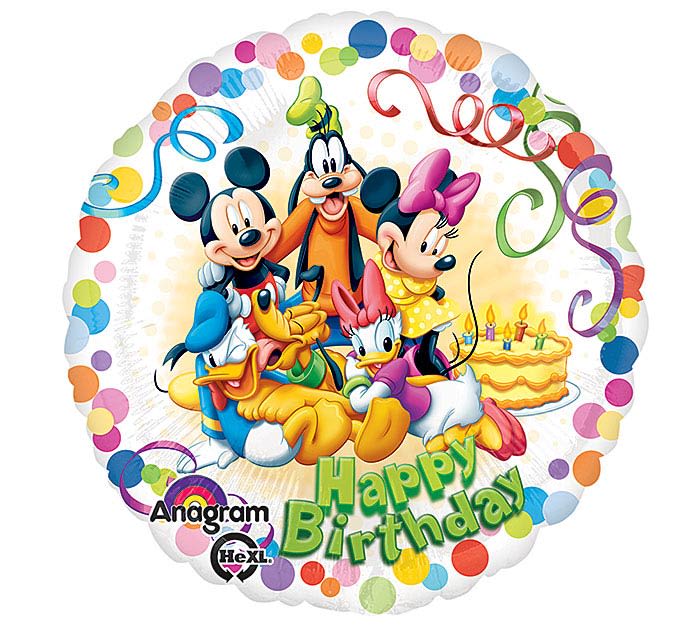 Happy Birthday with Mickey Mouse and Friends Happy Birthday with Mickey Mouse and Friends - Celebrate in classic Disney style with this 17" mylar balloon! Featuring Mickey Mouse and friends gathered around a festive birthday cake, this balloon has a bright white background accented with colorful streamers and dots around the edge. Perfect for any Disney fan’s birthday celebration!