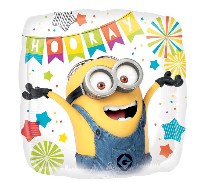 Party Minion Mylar Party Minion Mylar - Get the party started with this fun 17" square Minion mylar balloon! One side features a cheerful Minion with a big "Hooray," while the other side says "Party," surrounded by colorful streamers and banners. Perfect for any Minion fan’s celebration!