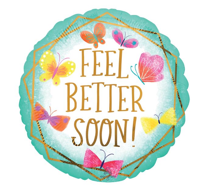 Feel Better Soon Mylar Feel Better Soon Mylar - Brighten someone's day with this uplifting 17" mylar balloon! Featuring "Feel Better Soon" in elegant gold lettering, a fun geometric gold border, and colorful spring butterflies, it’s finished with beautiful blue ombré edges. Perfect for sending well wishes and positivity!