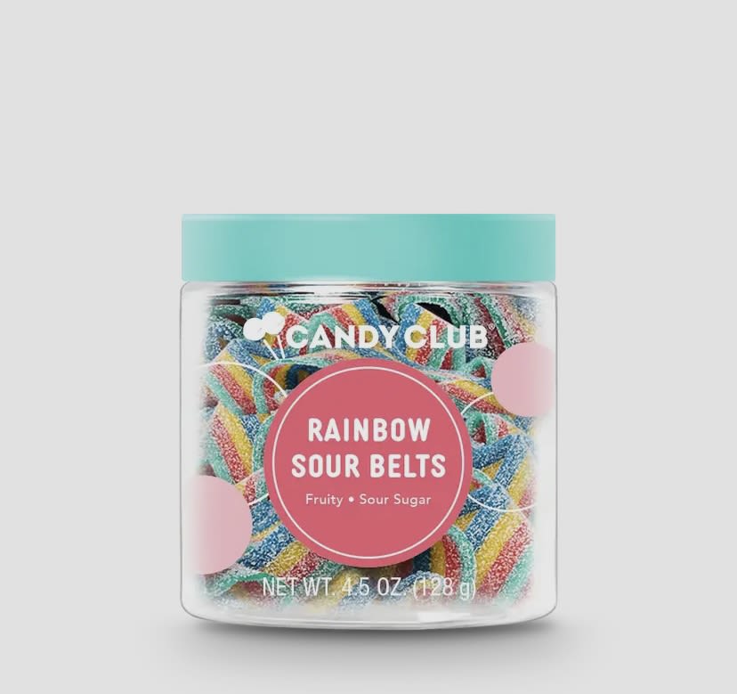 Rainbow Sour Belts Rainbow Sour Belts - Catch a ride on the tail end of a sweet and sour rainbow! These delicious and mouth-puckering multi-colored strips are a candy that makes everything better. Candy Club's top-selling Rainbow Sour Belts are known to disappear quickly, so be sure to stock up! Vegan friendly.