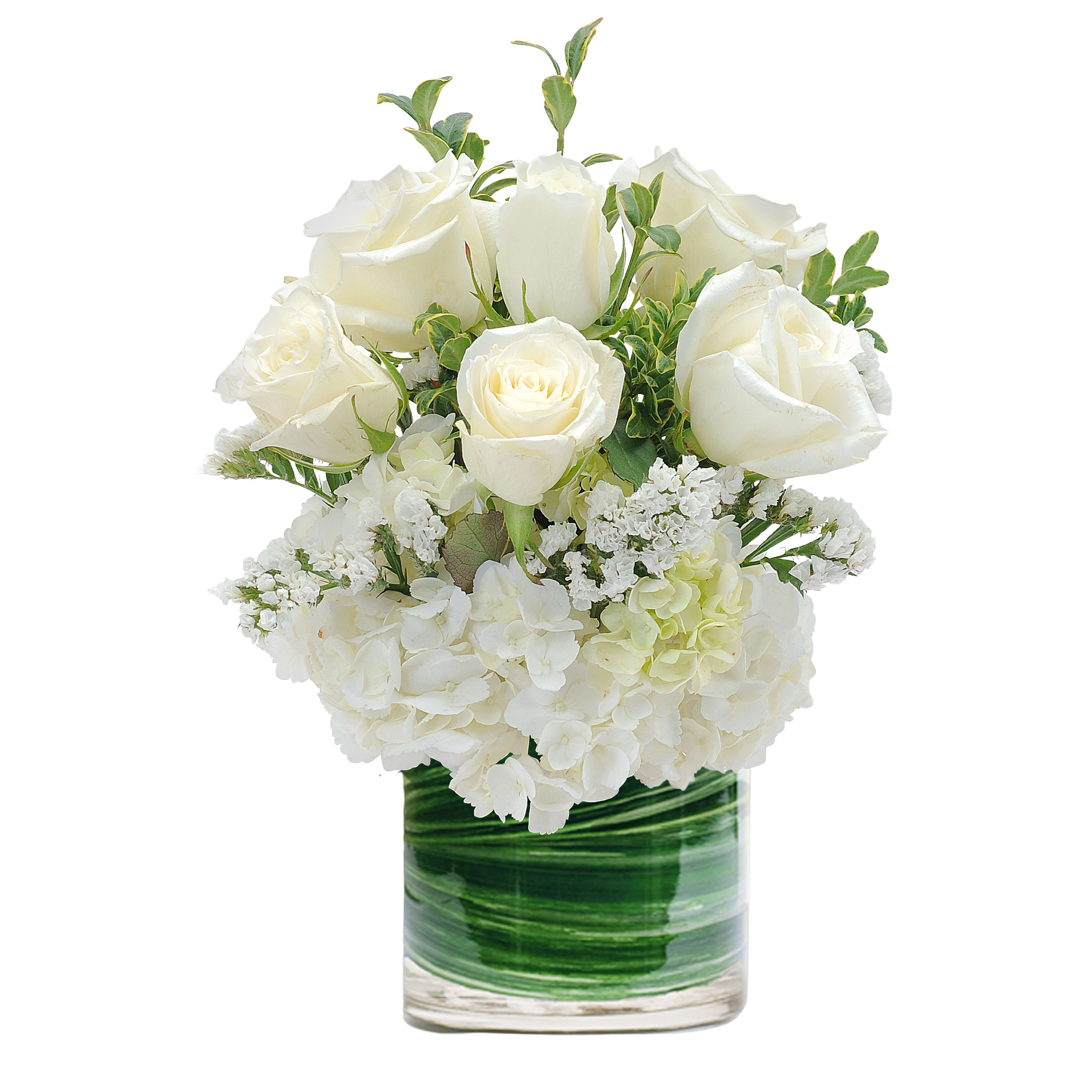 Grace &amp; Faith - TMF-1394 - Grace &amp; Faith is an all white arrangement with roses and hydrangeas designed in a clear glass cylinder container appropriate for a coffee table. Approximately 7&quot;W X 9&quot;H