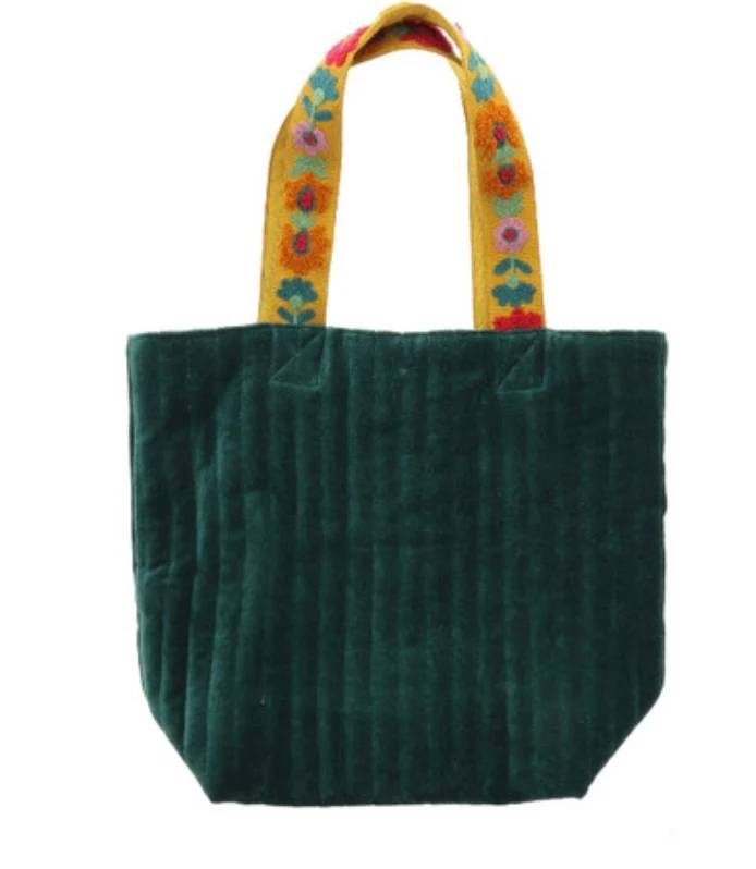 HER- Velvet Green Tote HER- Velvet Green Tote - Jane Marie Bloom Green Velvet Tote with Embroidered Handles 100% Cotton Filling: 100% Polyester Embellishments: 100% Acrylic, 11" x 6" x 13"