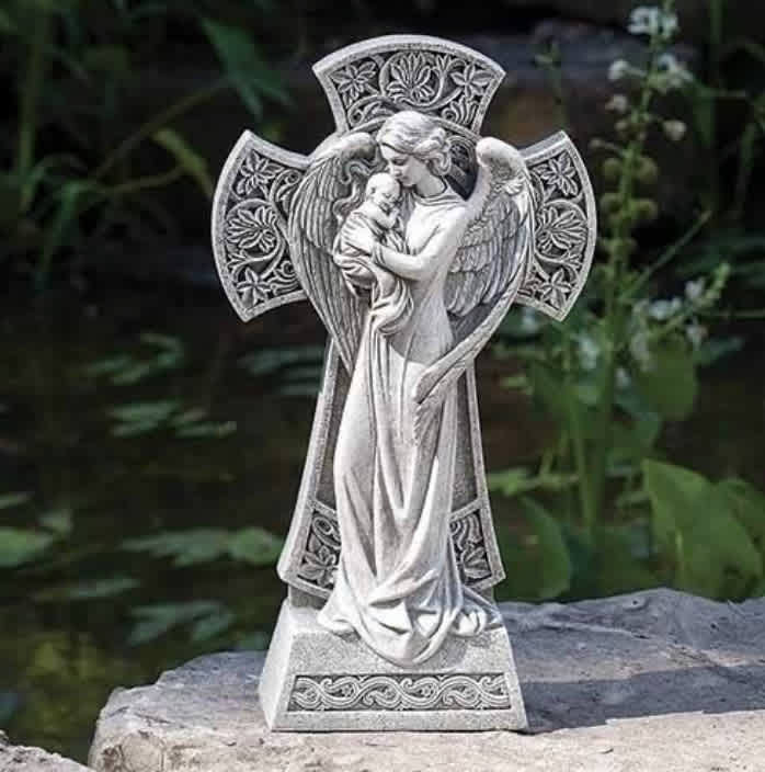 SYMPATHY- Angel with Baby Cross 13" Garden Statue SYMPATHY- Angel with Baby Cross 13" Garden Statue - RESIN; 13.38"H x 2.63"W x 7.5"L