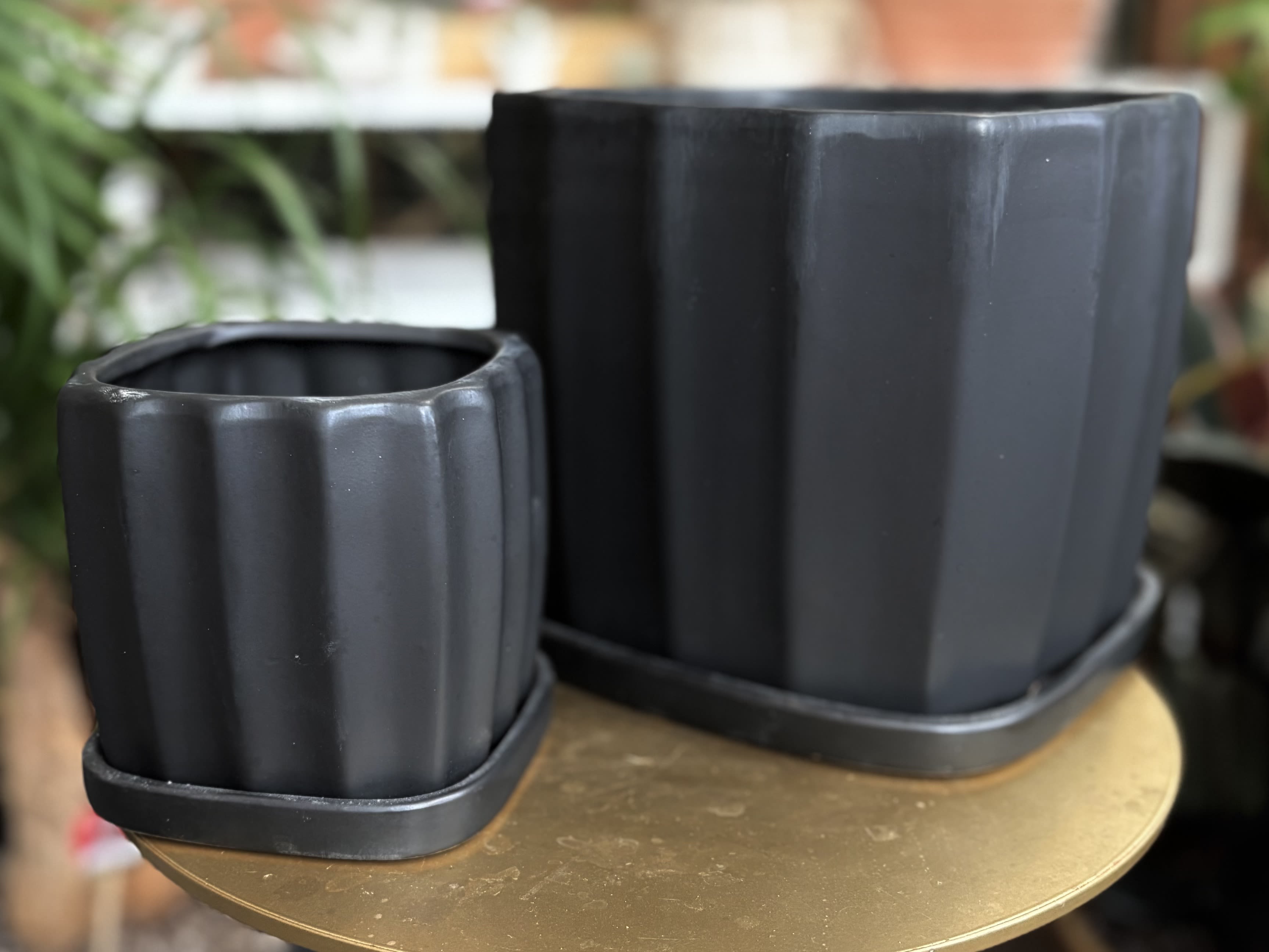 Square Black Planter - Modern style square, ceramic planter in black with built in saucer.   * Available in two sizes:  Standard - 4&quot; Diameter; Deluxe - 7&quot; Diameter