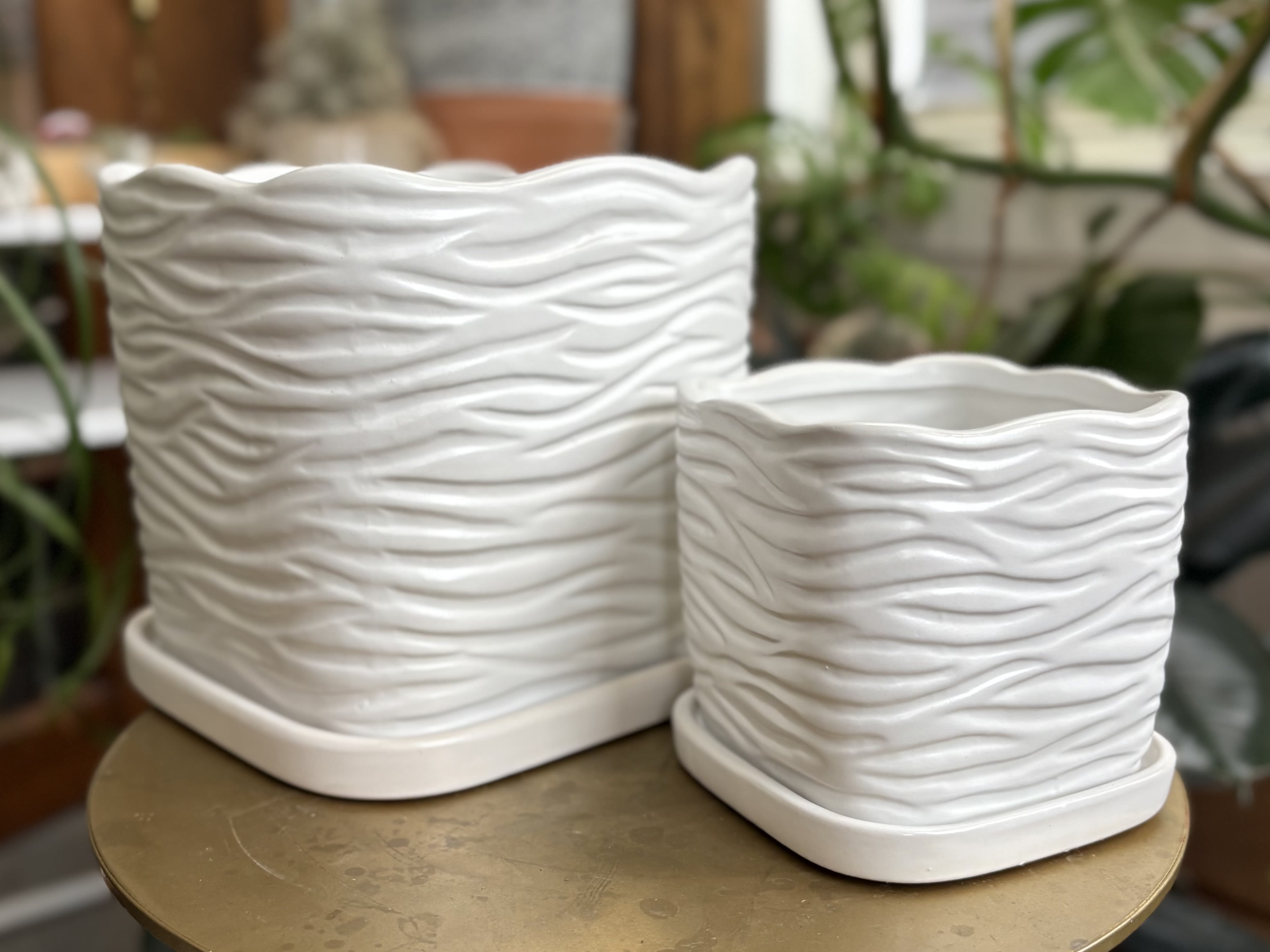White Square Planter - Modern square, ceramic planter in white with built in saucer.   *Available in two sizes:  Standard - 4&quot; Diameter; Deluxe - 7&quot; Diameter