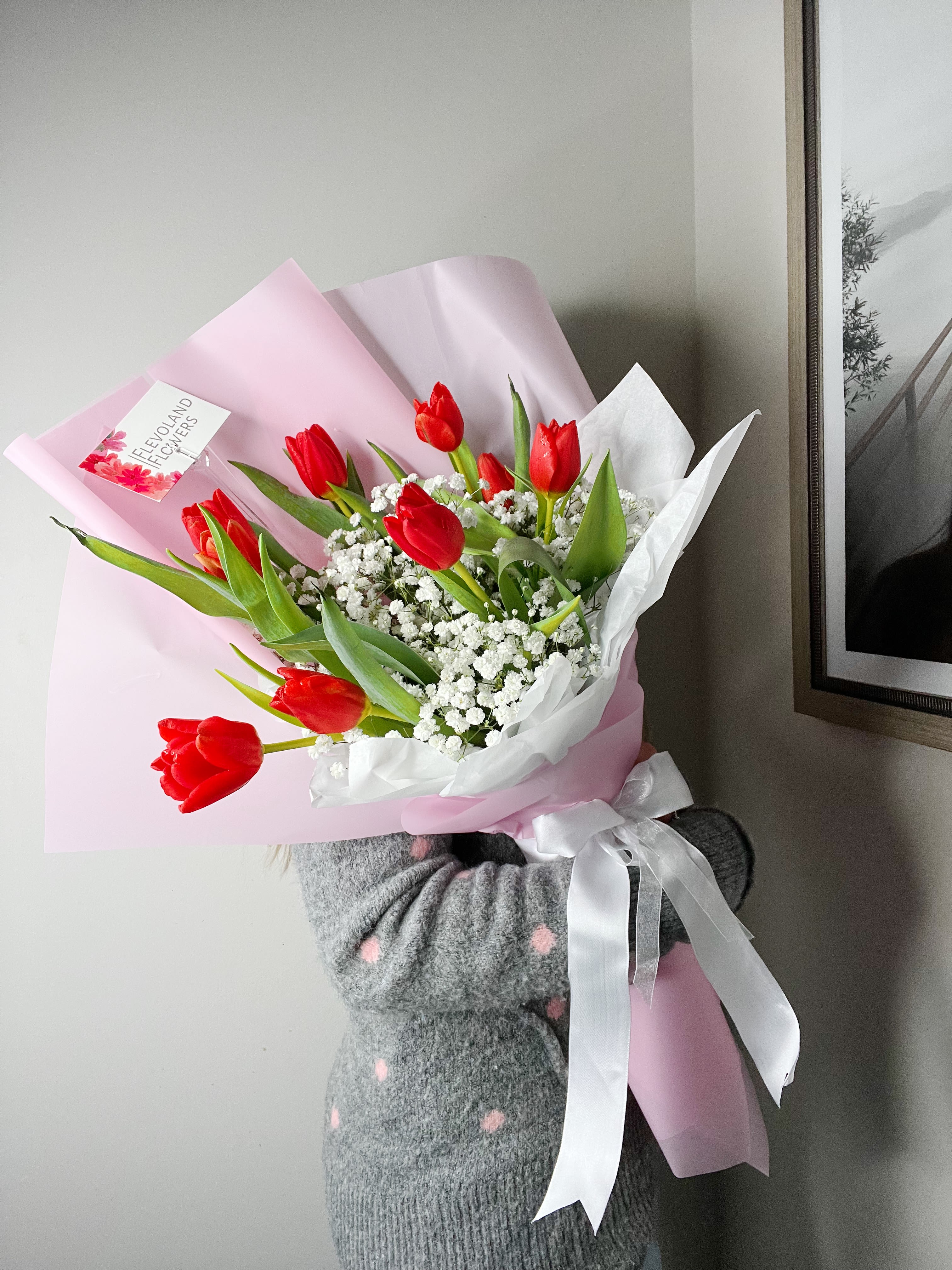 Red Tulips with Gypsophila - A stunning combination of vibrant red tulips and the soft, airy beauty of Gypsophila. This elegant arrangement is perfect for adding a touch of grace and color to any occasion. 
