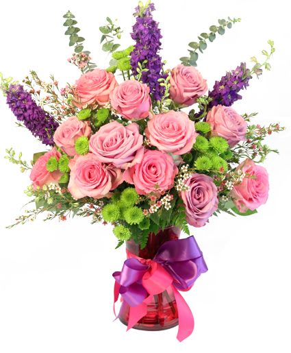 For love of all kind's bouquet For love of all kind's bouquet - More than your average dozen roses, Young Love is created for the young at heart. Green button poms are snuggled with light pink roses while purple larkspur rises to greet the one you love. For love of all kinds, this design will always shine. Includes: Pink Gathering Vase, Ribbon, Foliage: Salal, Leather Leaf, Pink Roses, Purple Larkspur, Green Button Pomsva.