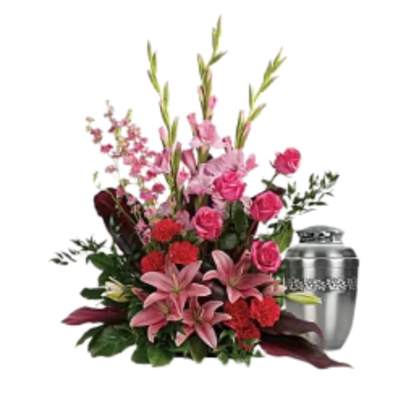 Adoring Heart Adoring Heart - Share your heartfelt feelings on the loss of someone special with this feminine arrangement of pink roses lilies and gladioli. It's a rich reminder of your love at the memorial service.