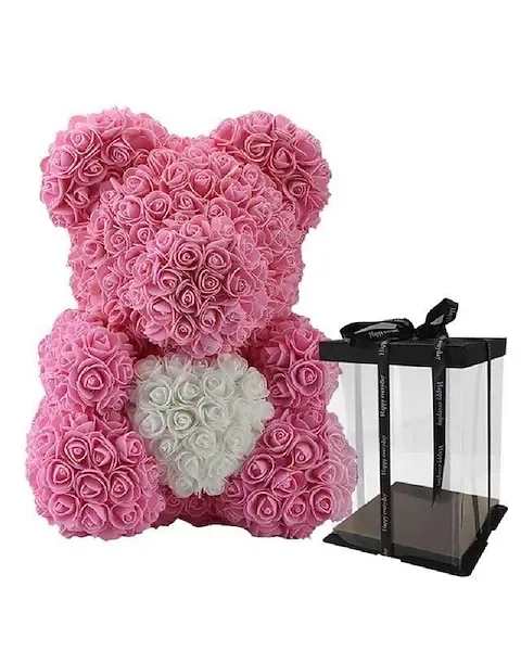 Pink Rose Bear - Pink rose bear with a white heart