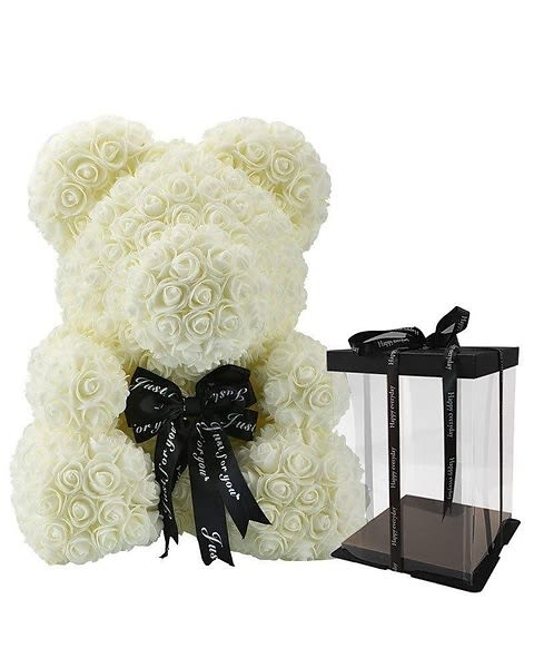 White Rose Bear - White rose bear with a black ribbon