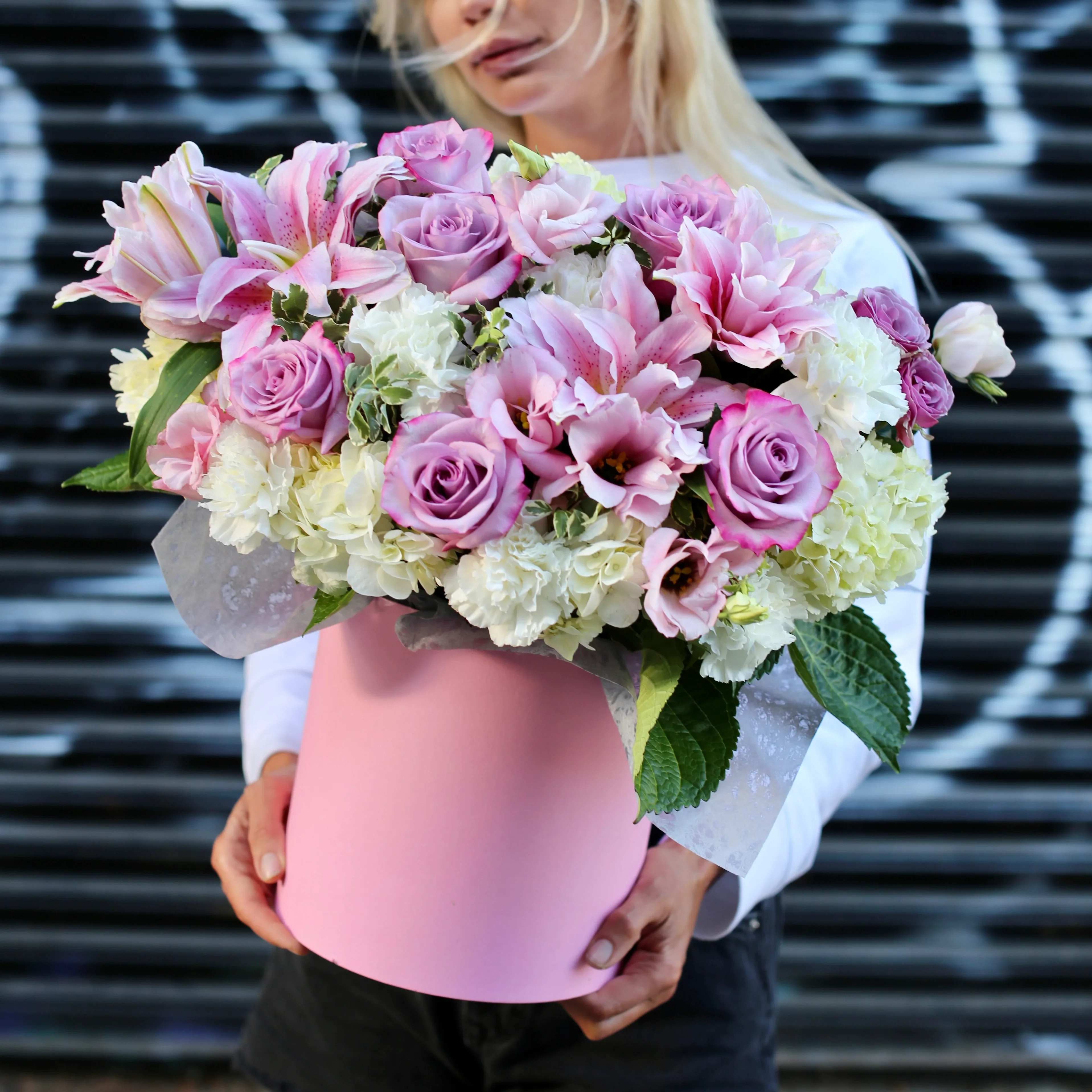Alsu - Amazing pink flower arrangement featuring white or pink lilies, white hydrangeas, pink roses and greenery assembled in a velvet box. Perfect flower gift for occasions like anniversaries, baby showers, birthdays or just to surprise someone who loves lilies. 