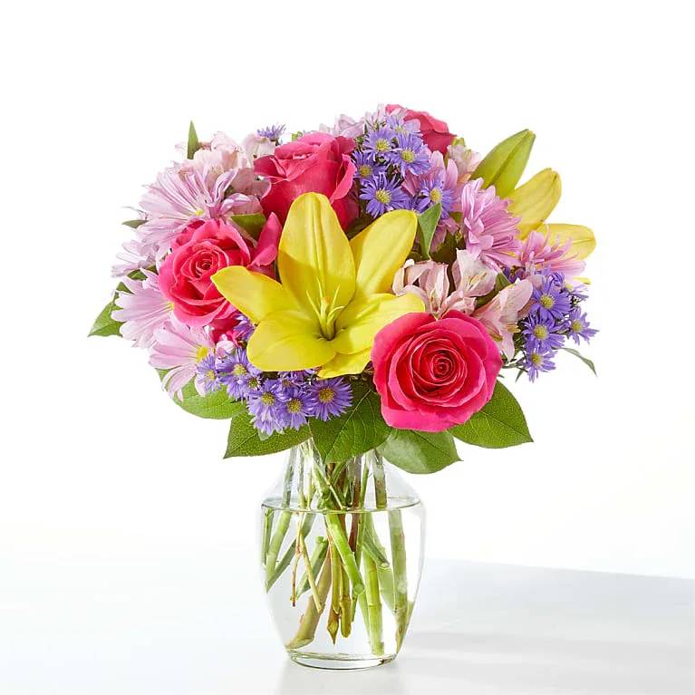 Springtime Bouquet - Vase Arrangement Of Lily's, Roses, Daisy Poms, Alstromeria, Monte Casino, And Lush Greenery.
