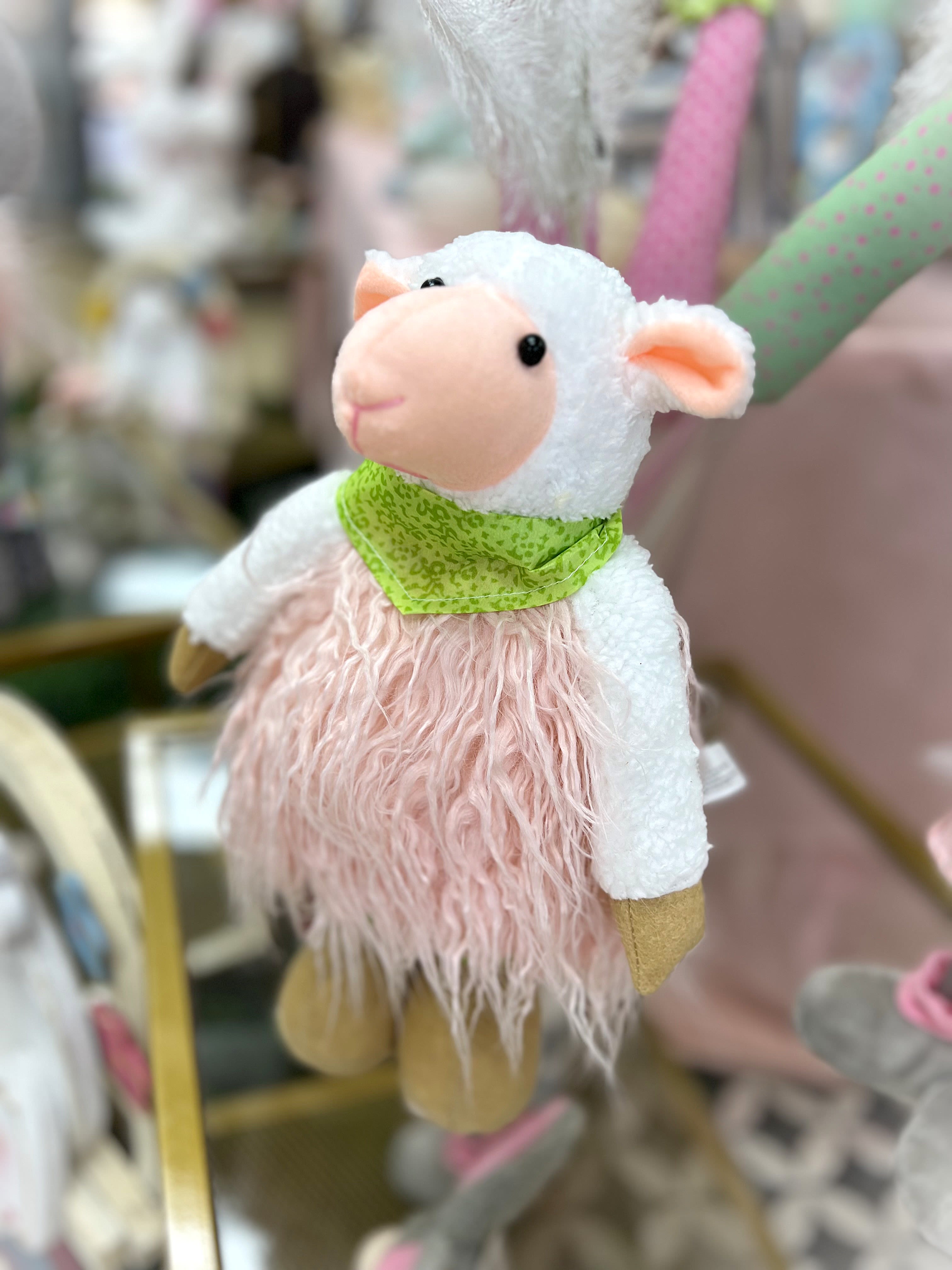 Easter plush sheep 13&quot; stander Pink Faux Fur - Hanna's Handiworks