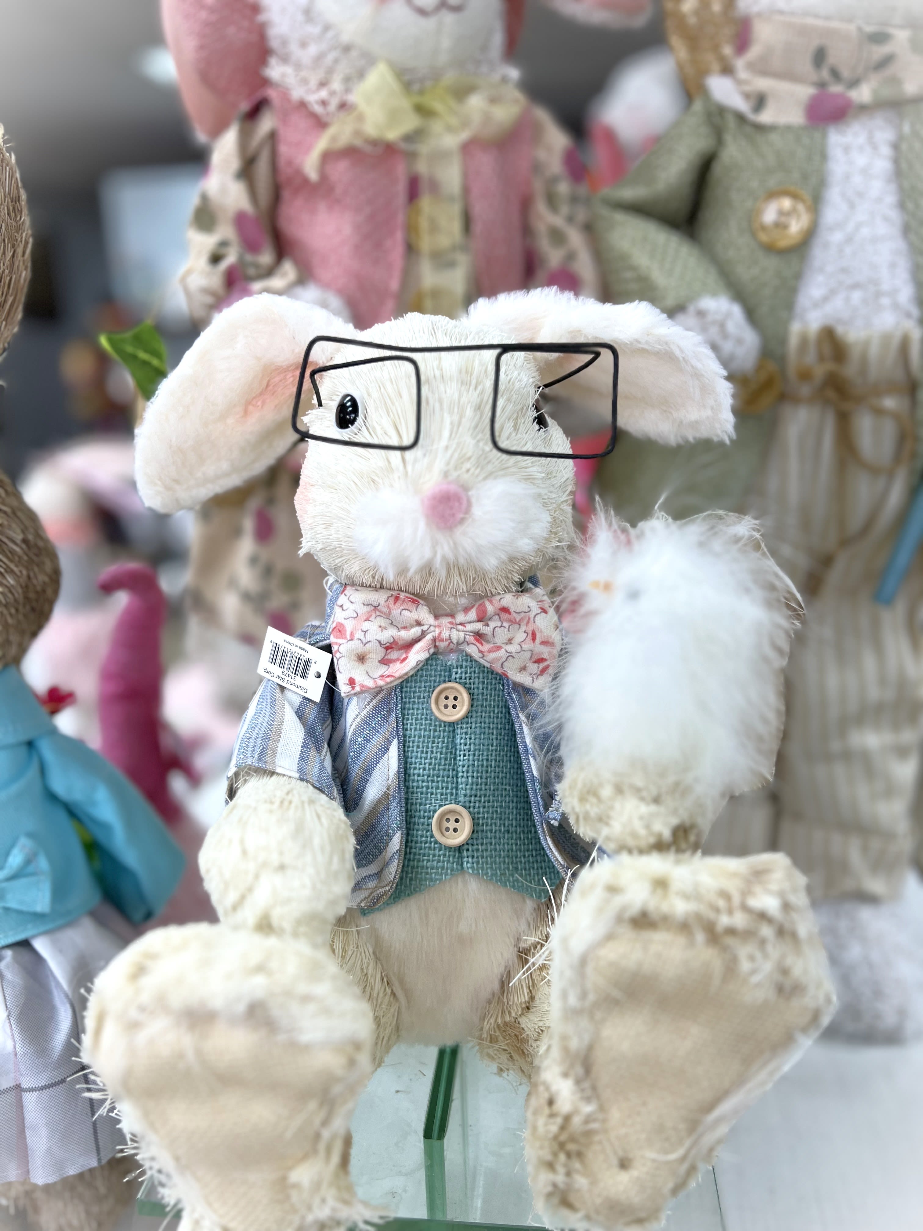 Easter sitting Bunny with fuzzy friend - Made of white jute or similar natural fiber
