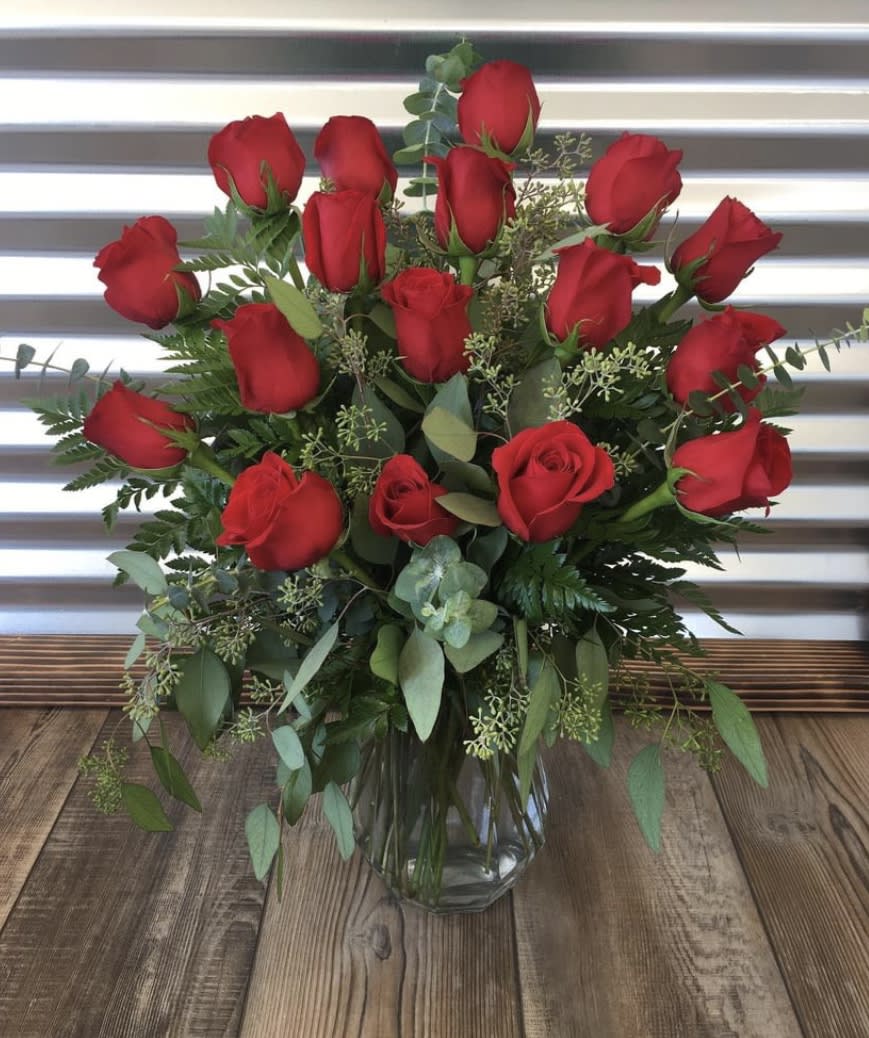 Roses and everything nice - 1 1/2 Dozen Red Rose, lush greens 
