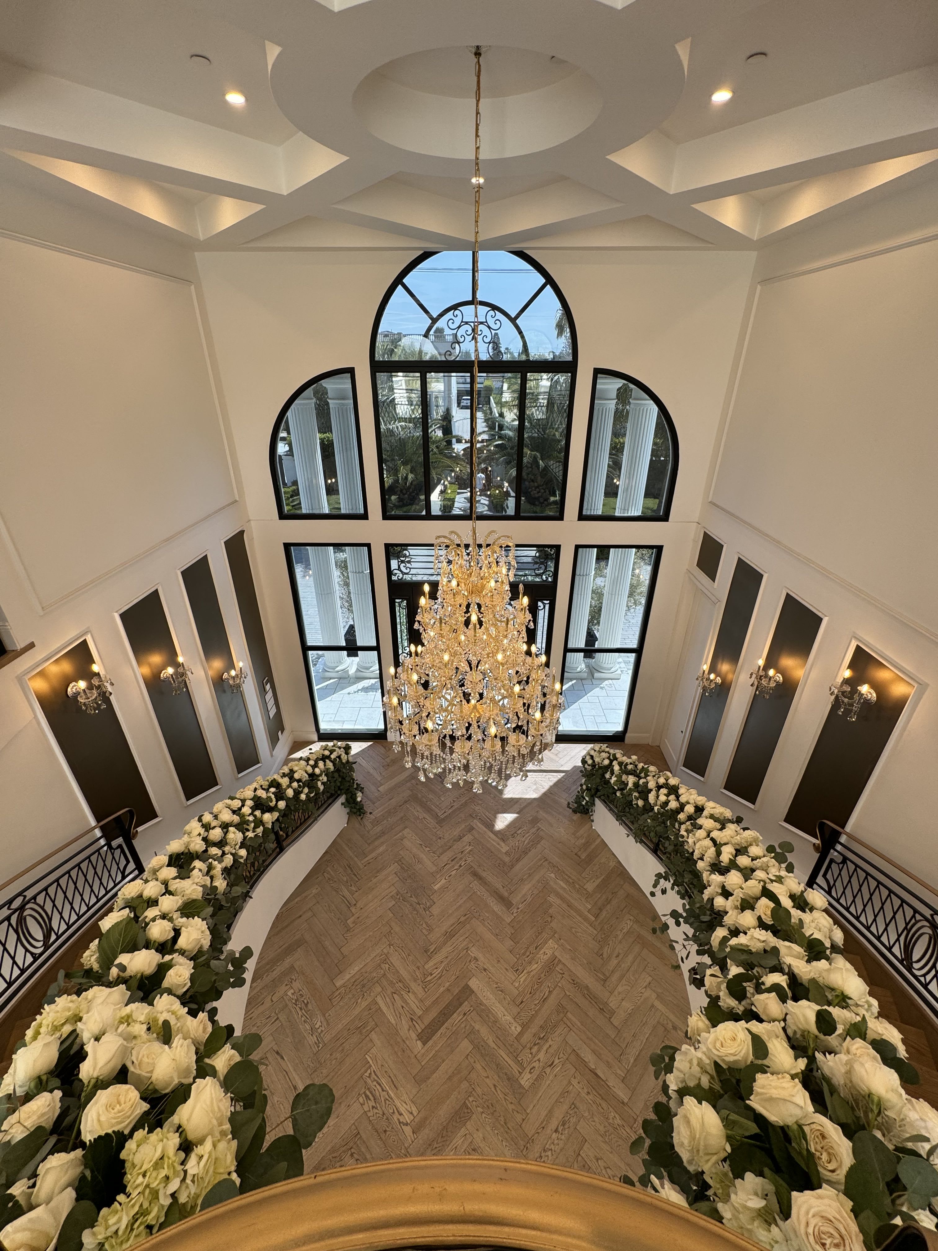 Stairs decor  - Stairs decoration with lots of eucalyptus and white roses 