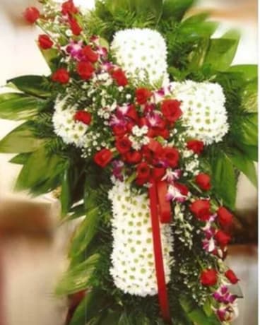 Cross with Red Roses - Standing Spray