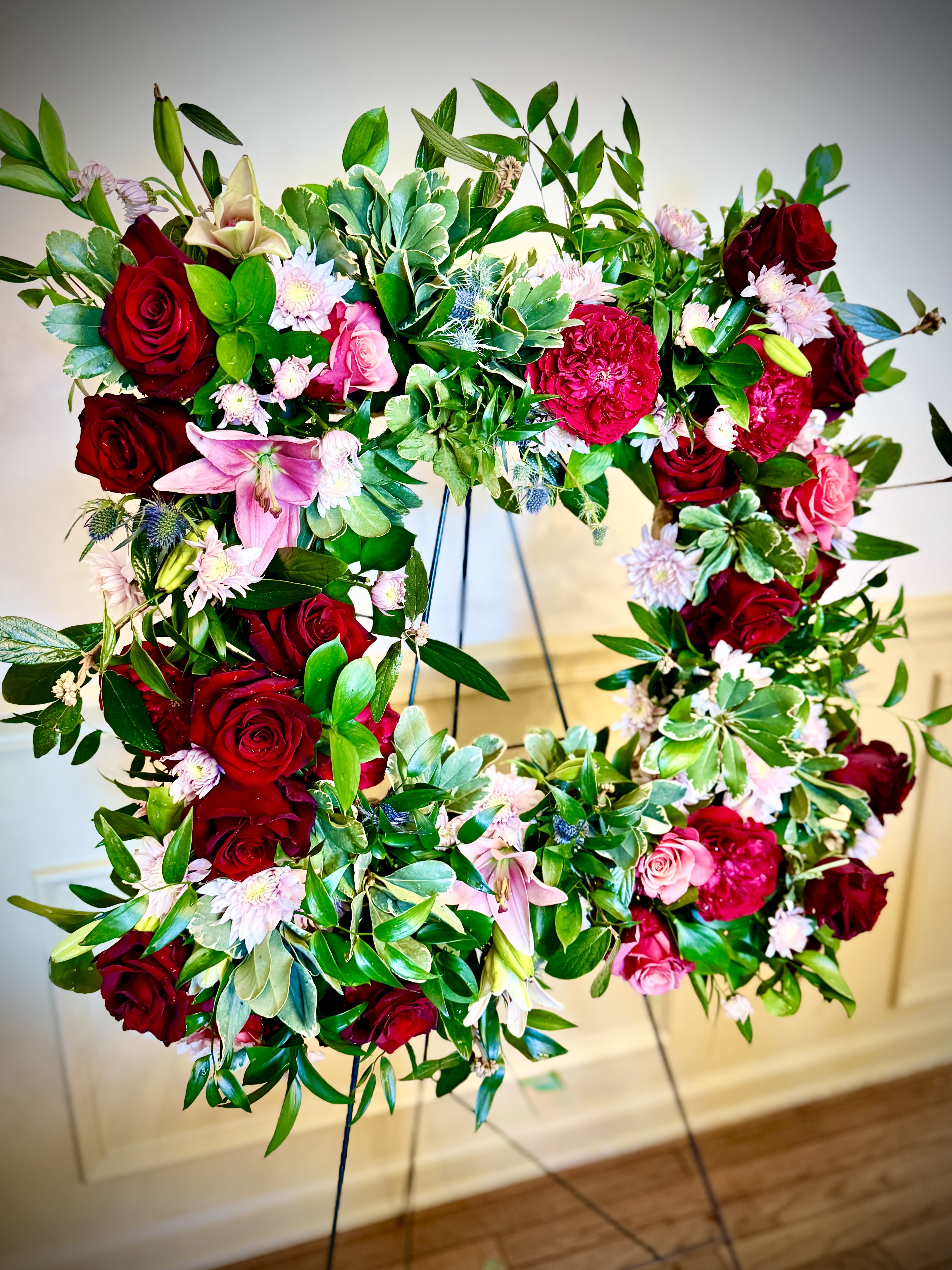 Remembrance - Remembrance is a square wreath designed with your choice of unique and significant colors.   Specific flowers may also be requested.