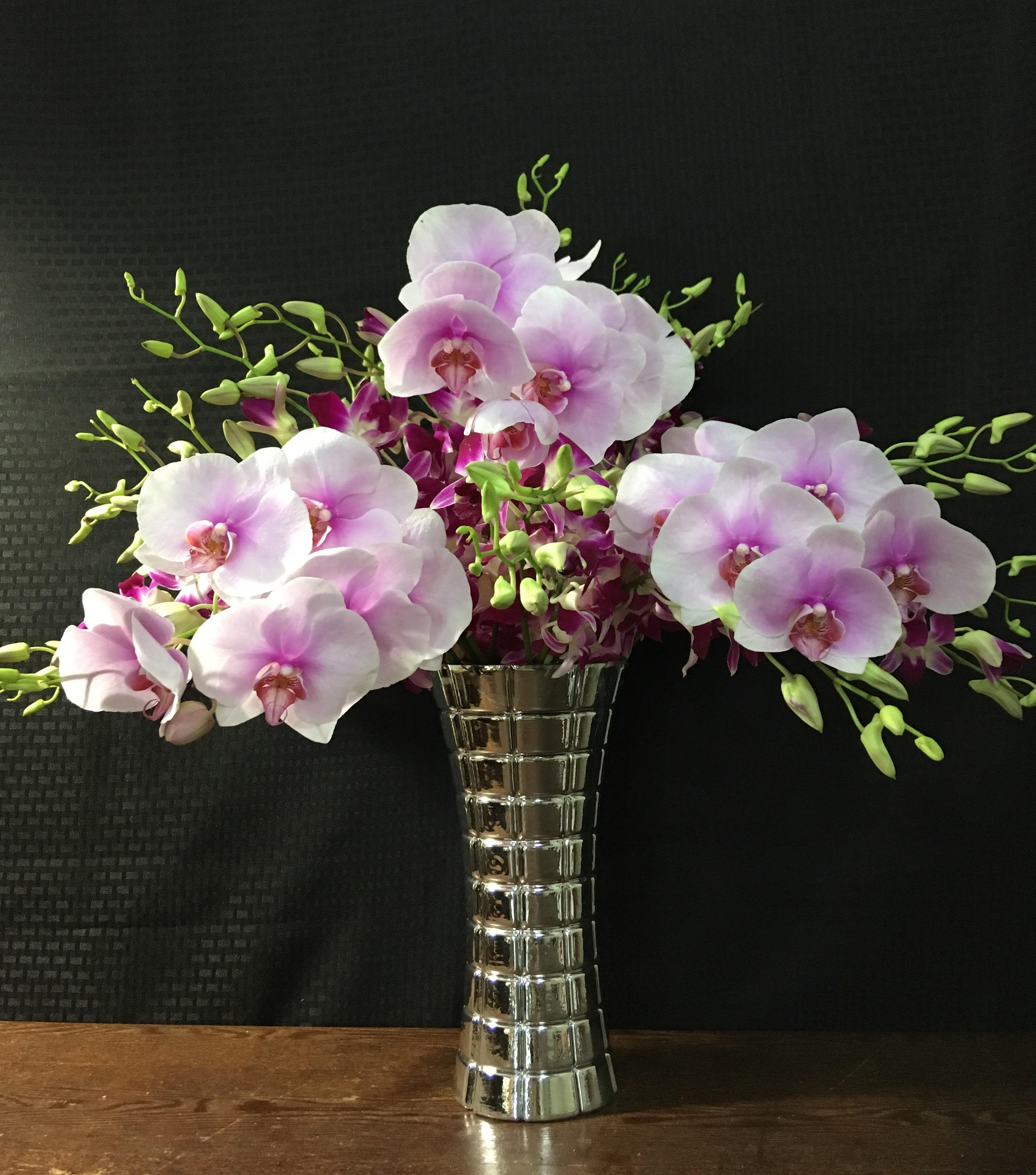 Three Opal Orchids - Orchid stems in 12&quot; tall glass silver vase ,19&quot; 