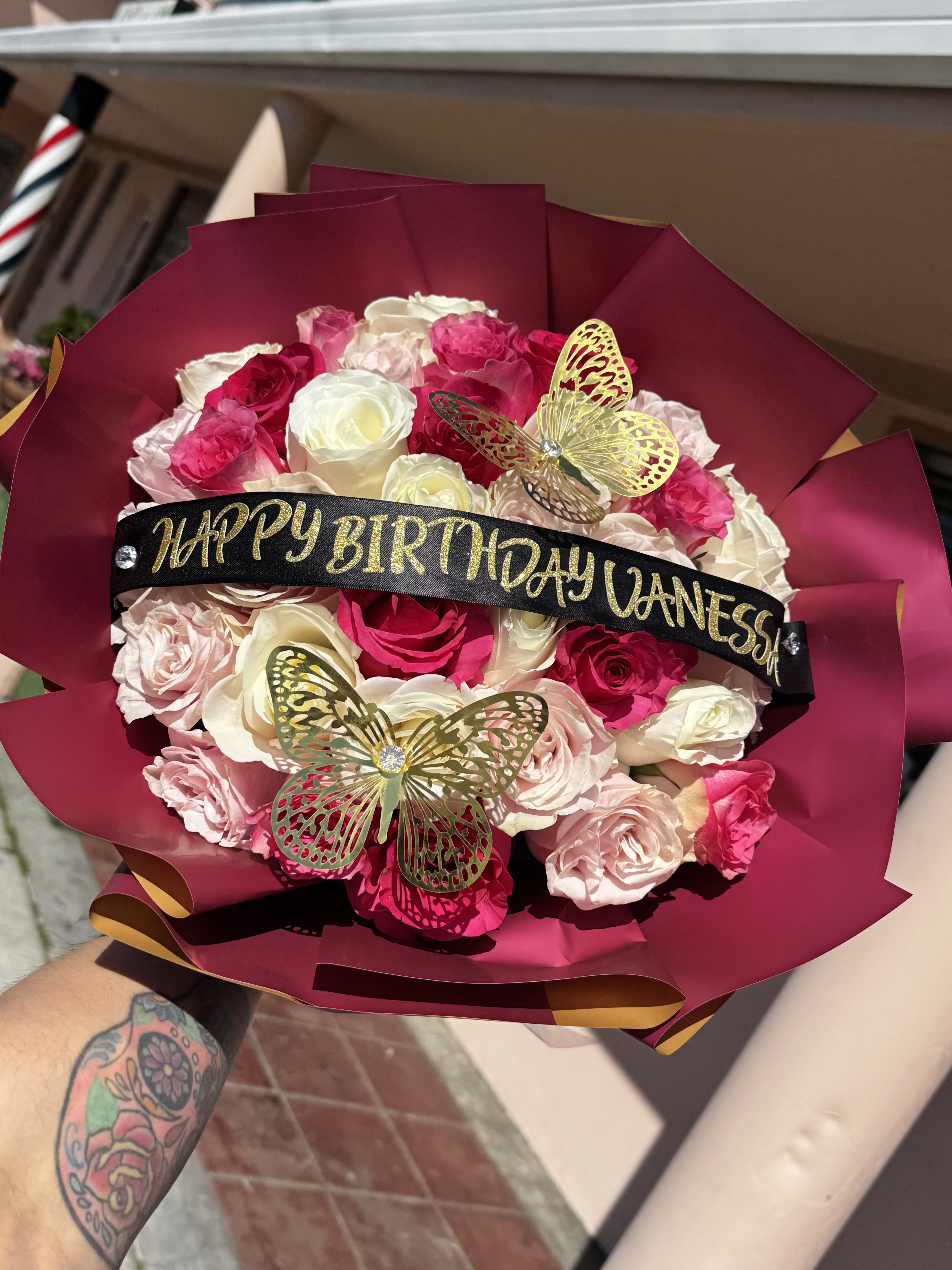 Pretty in pink birthday bouquet  - A stunning mix of pink roses in every shade, symbolizing joy, love, and celebration. Accented with delicate baby’s breath and wrapped in a stylish presentation, this bouquet is the perfect way to make their birthday extra special. Finished with a festive “Happy Birthday” banner, it’s a gift as bright and beautiful as they are! (40 Roses)