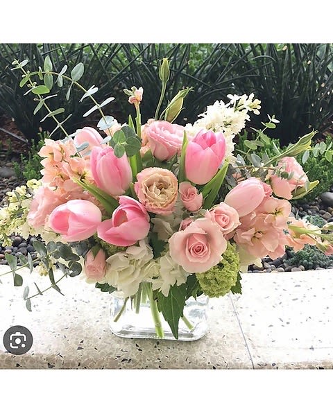 Princess blush centerpiece - Beautiful combination of blush pinks and light pink, Tulips, roses, ranunculus, stock, spray, roses, etc., etc.