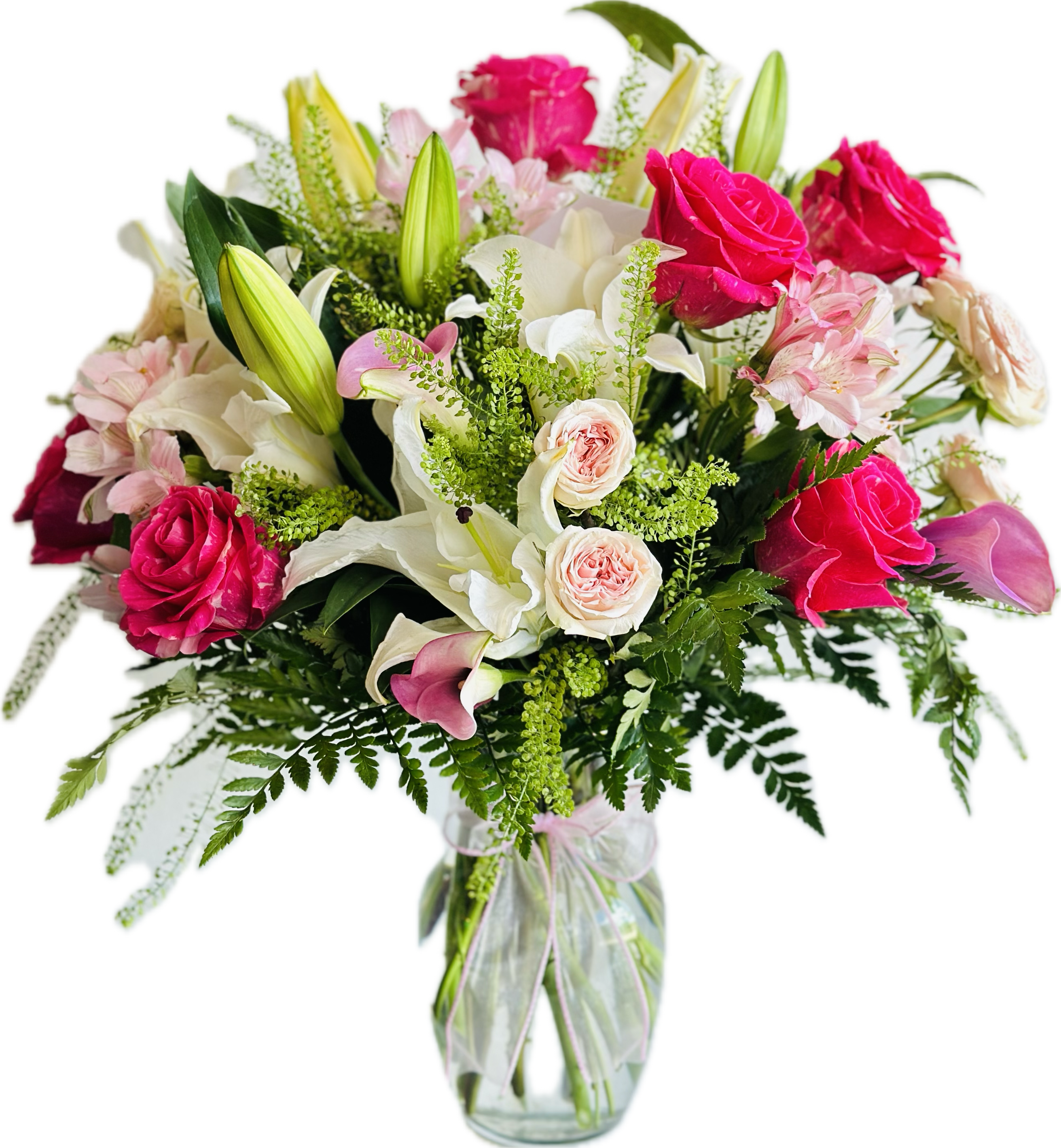 Pink Pandora Bouquet - This beautiful floral design is made with Lilies roses, spray roses, Calla lilies, and pink Roses and lipidium in a rose clear glass vase. 