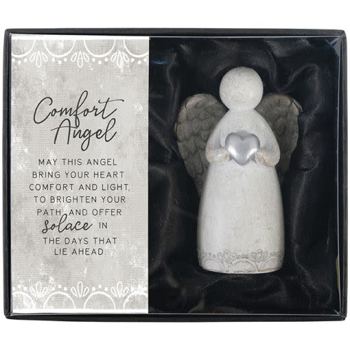 &quot;Comfort&quot; Gift Boxed Angel - Our gift boxed angels are made of hand-painted resin. Each gift box comes complete with a sentiment card and velvet lining for protection. The angel measures 3&quot;H x 2&quot;W x 2&quot;D and the gift box measures 4.25&quot;H x 5.25&quot;W x 2.25&quot;D  Sentiment Card Reads: &quot;May this angel bring your heart comfort and light, to brighten your path and offer solace in the days that lie ahead.&quot;