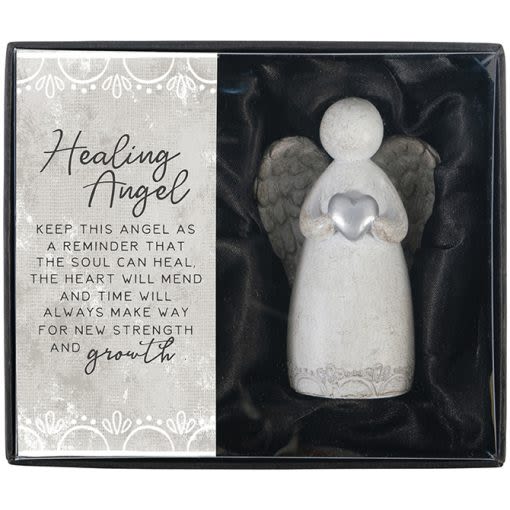 &quot;Healing&quot; Gift Boxed Angel - Our gift boxed angels are made of hand-painted resin. Each gift box comes complete with a sentiment card and velvet lining for protection. The angel measures 3&quot;H x 2&quot;W x 2&quot;D and the gift box measures 4.25&quot;H x 5.25&quot;W x 2.25&quot;D  Sentiment Card Reads: &quot;Keep this angel as a reminder that the soul can heal, the heart will mend and time will always make way for new strength and growth.&quot;