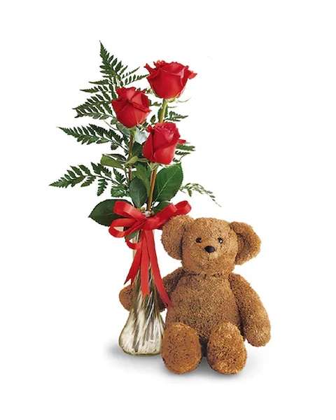  Bear Hugs Budvase - A cuddly teddy bear and a bud vase filled with 3 roses is a perfect gift from the heart. Color of Rose can be changed.