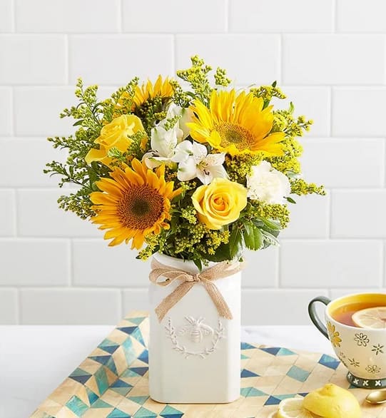 Sunny Honey Bee Buzz - Bright yellow and white garden flowers fill this cute, trendy, honey bee vase