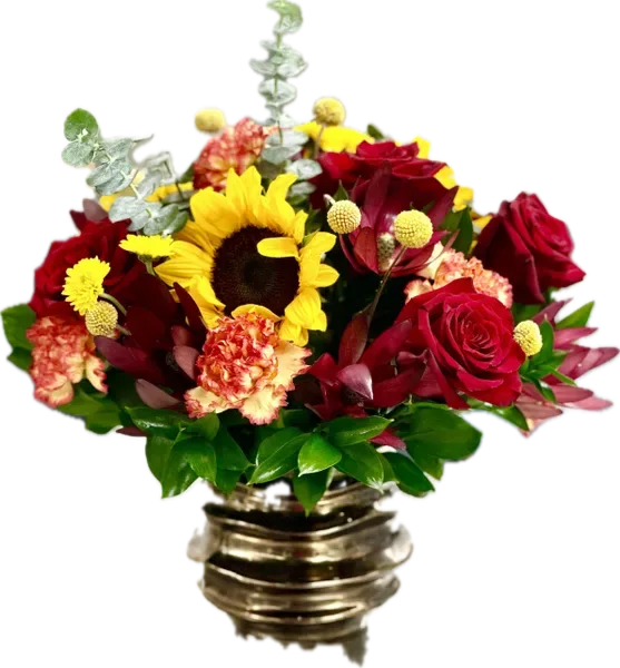  Summer Elegance Bouquet - The Summer Elegance Bouquet is made with roses, sunflowers, safari sunset, carnations billy balls, yellow buttons, eucalyptus and greenery on a contemporary copper vase.  !The vase is out of stock we will substitute for something similar!