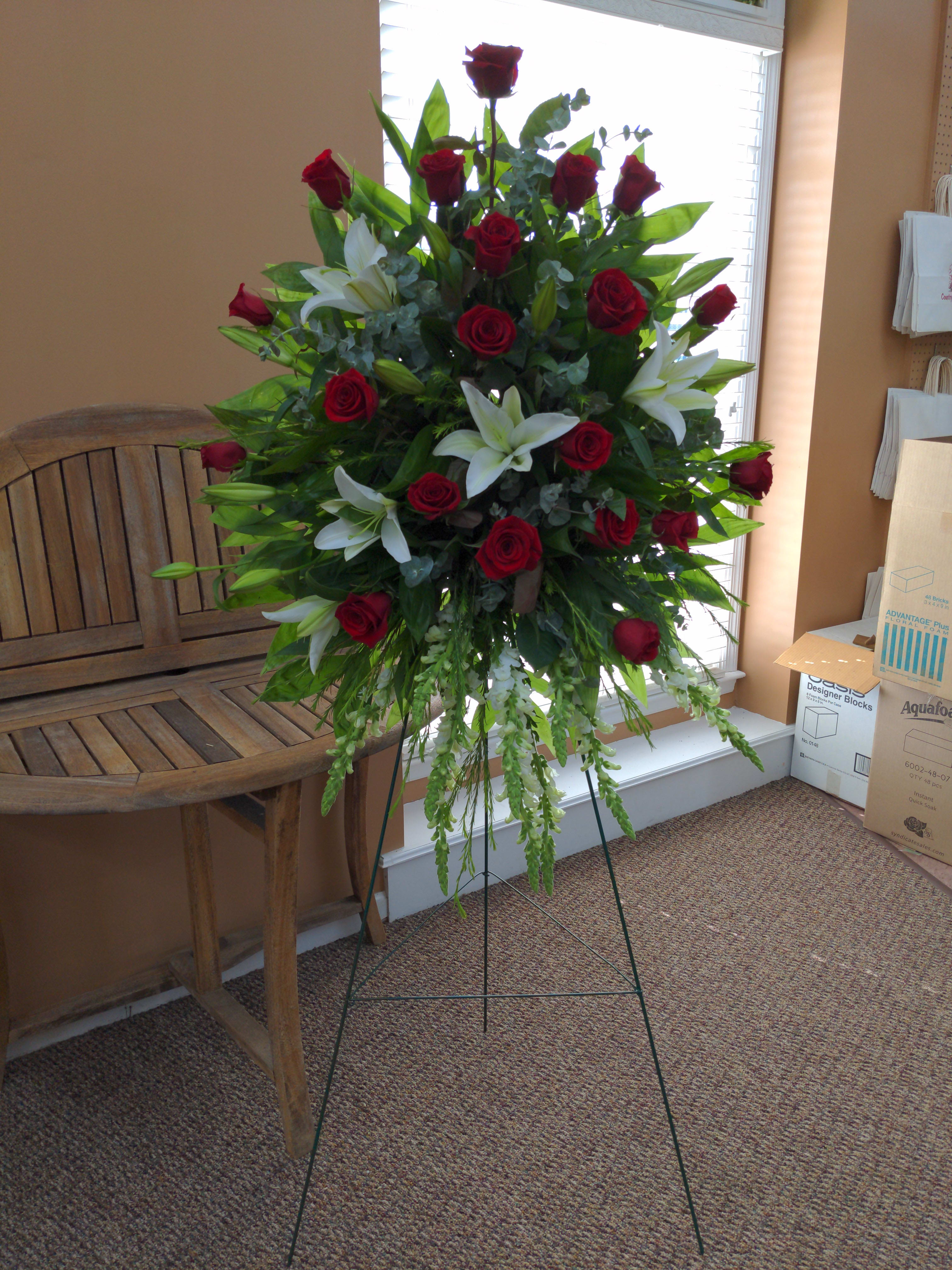 SAE08 Stars &amp; Stripes Sympathy Spray - Please Call for Availability Of Flowers  