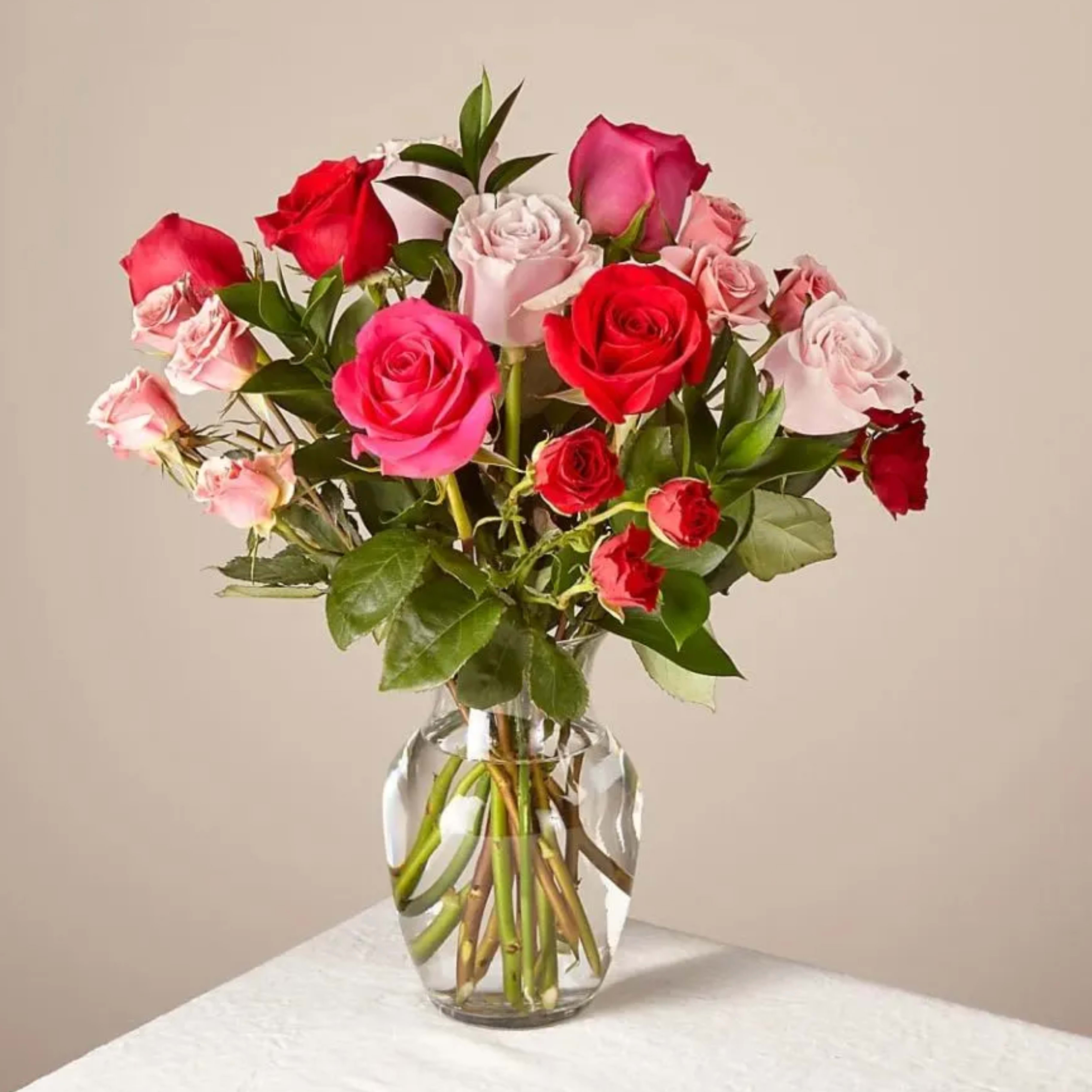 Meant to Be Bouquet Original With Vase - The Original Bouquet is about 16&quot;H x 14&quot;W. A farm-fresh bunch of vibrant floral stems and foliage. Stems: Roses, Spray Roses, Ruscus.