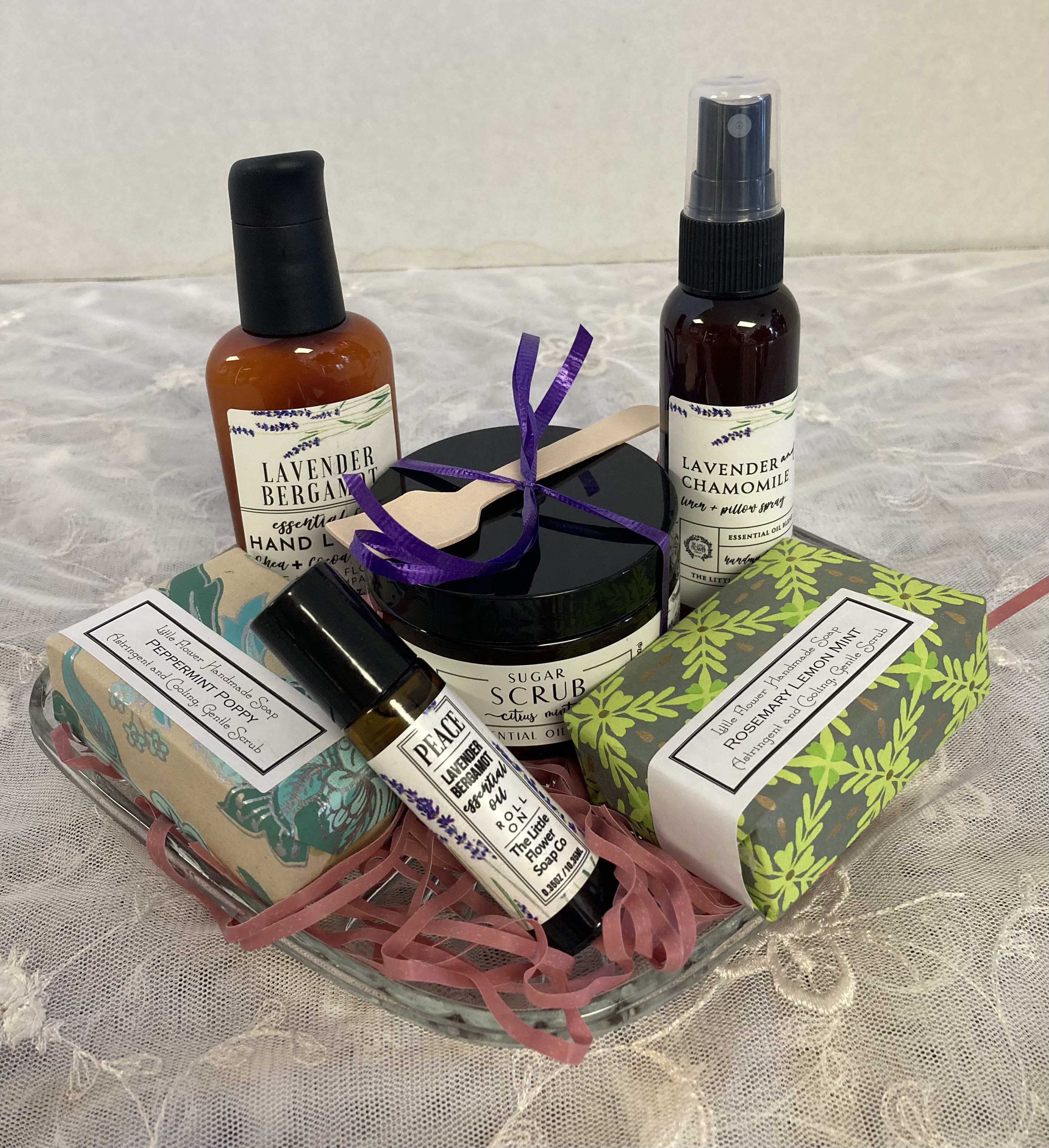 Luxe Spa by Candlelight &amp; Roses - Lovely Spa gift, Products by the Little Flower Soap Company. Small batched women owned company. This gift is hand designed with two bars of soap, essential body oil scrub, roll on aromatherapy oil, hand lotion, and essential oil linen spray.