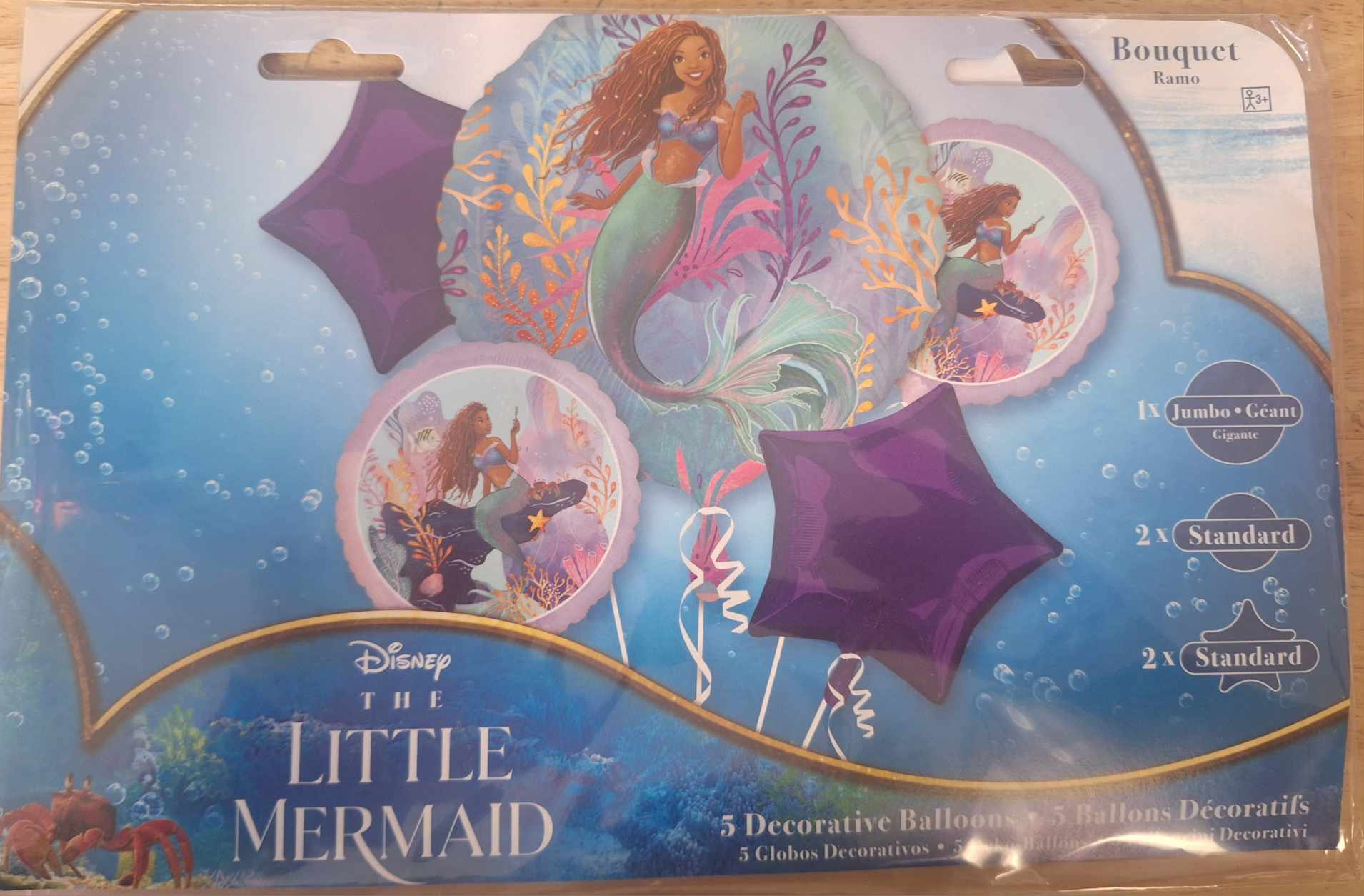2024 Little Mermaid Bouquet 2024 Little Mermaid Bouquet - 2024 Little Mermaid Bouquet add to any stuffed animal, box of chocolates, floral or balloon bouquet. Bouquet includes 5 balloons as follows: 1- Jumbo character mylar balloon 2- 18in character mylar balloons 2- 18in purple star mylar balloons tied to a decorative weight