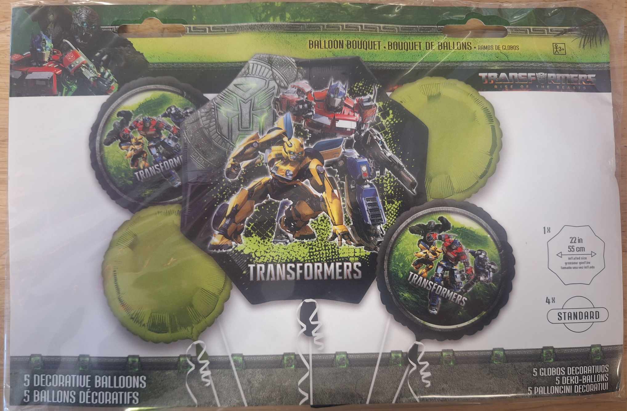 Transformers Balloon Bouquet Transformers Balloon Bouquet - Transformer balloon bouquet to add to any stuff animal, box of chocolates, or floral bouquet. Balloon bouquet includes 5 balloons as follows: 1- Jumbo character mylar balloon 2- 18in character mylar balloons 2- 18in round green mylar balloons all tied to a decorative weight