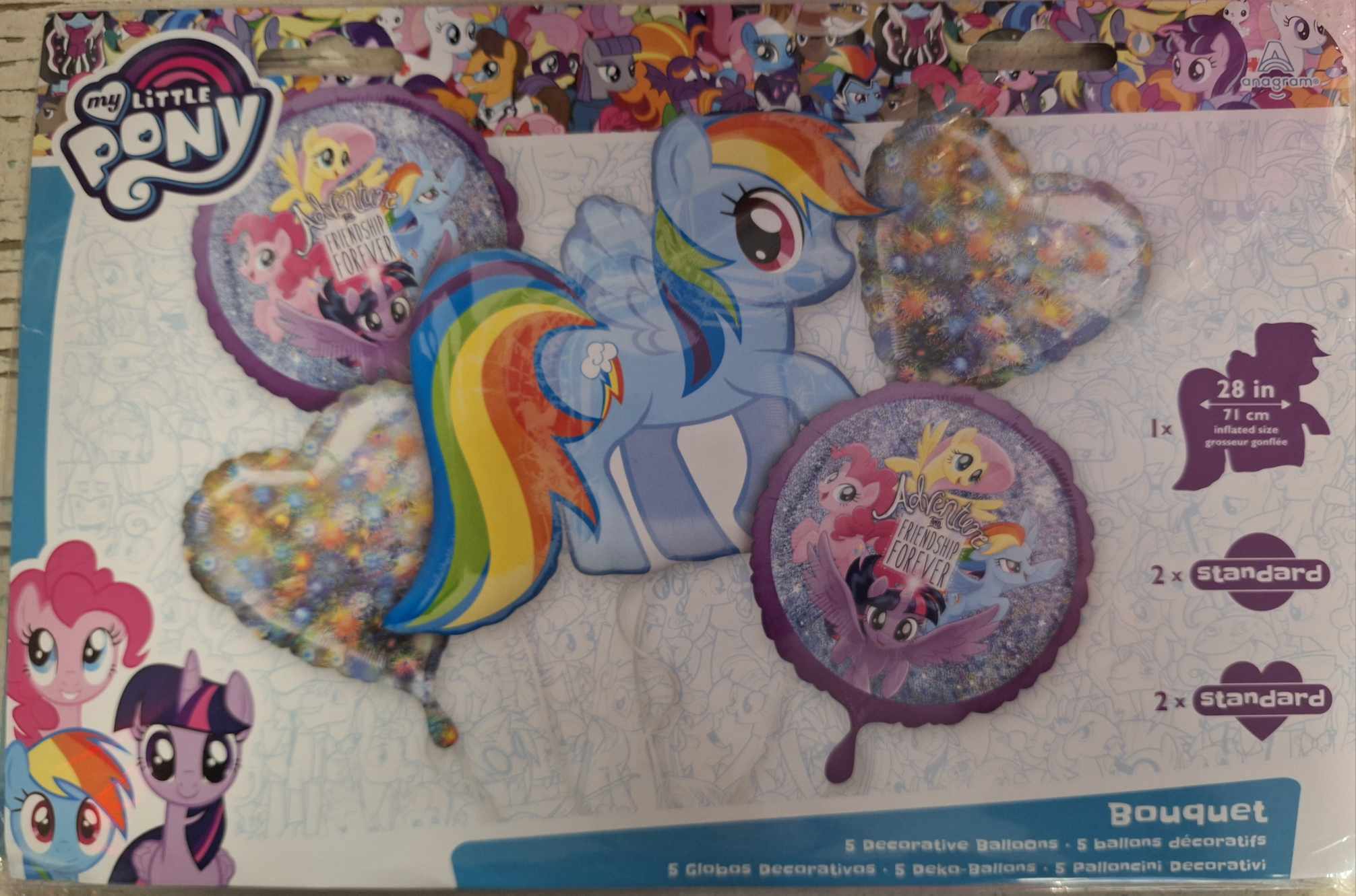 My Little Pony Mylar Bouquet My Little Pony Mylar Bouquet - My little pony Bouquet add to any stuffed animal, box of chocolates, floral or balloon bouquet. Bouquet includes 5 balloons as follows: 1- 28in character mylar balloon 2- 18in character mylar balloons 2- 18in festive star mylar balloons tied to a decorative weight
