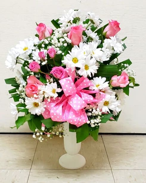 POLKA DOTS AND POSIES IN CEMETERY CONTAINER [TT-ANC111] -  POLKA DOTS AND POSIES IN CEMETERY APPROVED CONTAINER BY TWIN TOWERS FLORIST, ARLINGTON VA